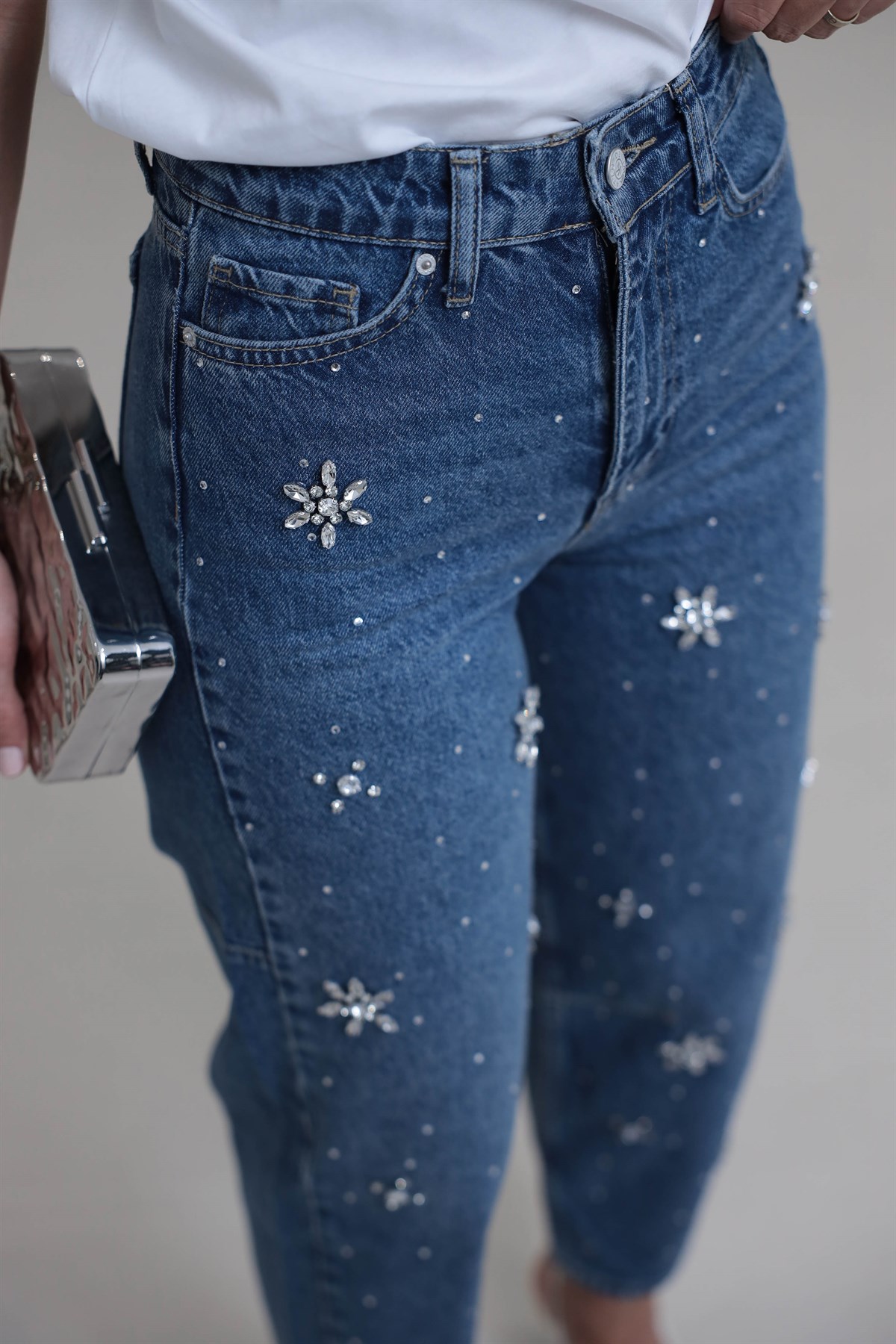 1015 Motif Taşlı Bol Kalıp Jean Pantolon MAVİ