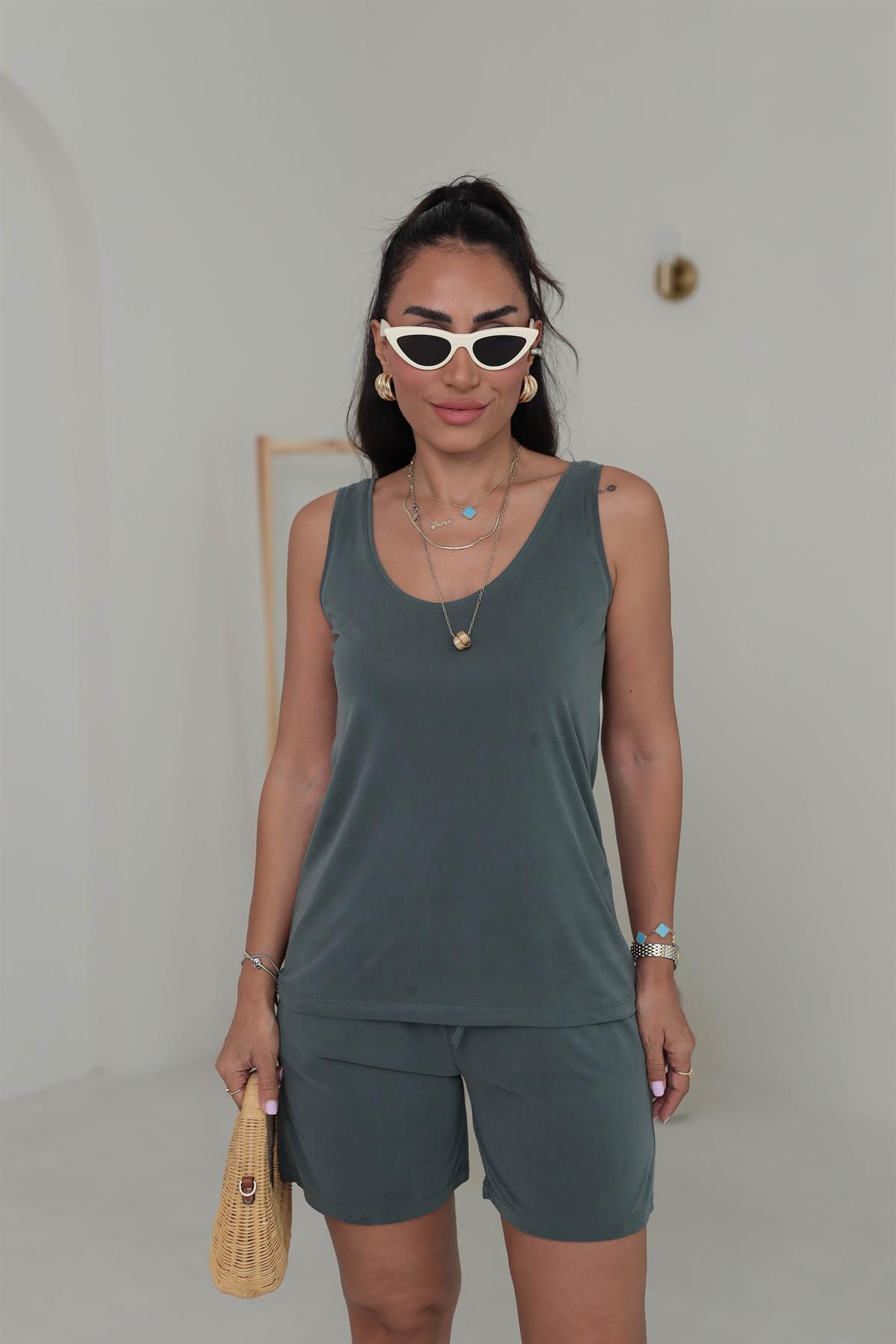 Kalın Askılı Şortlu Modal Takım HAKİ YEŞİL