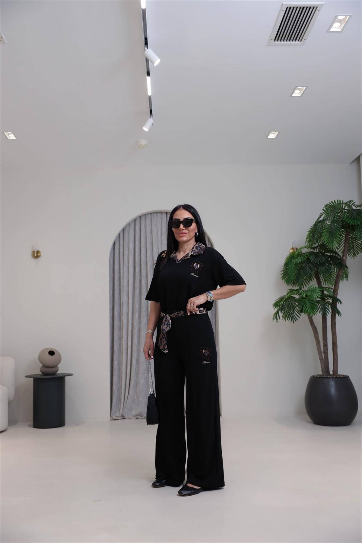 7539 Leopar Saten Yakalı Nakışlı Modal Takım SİYAH