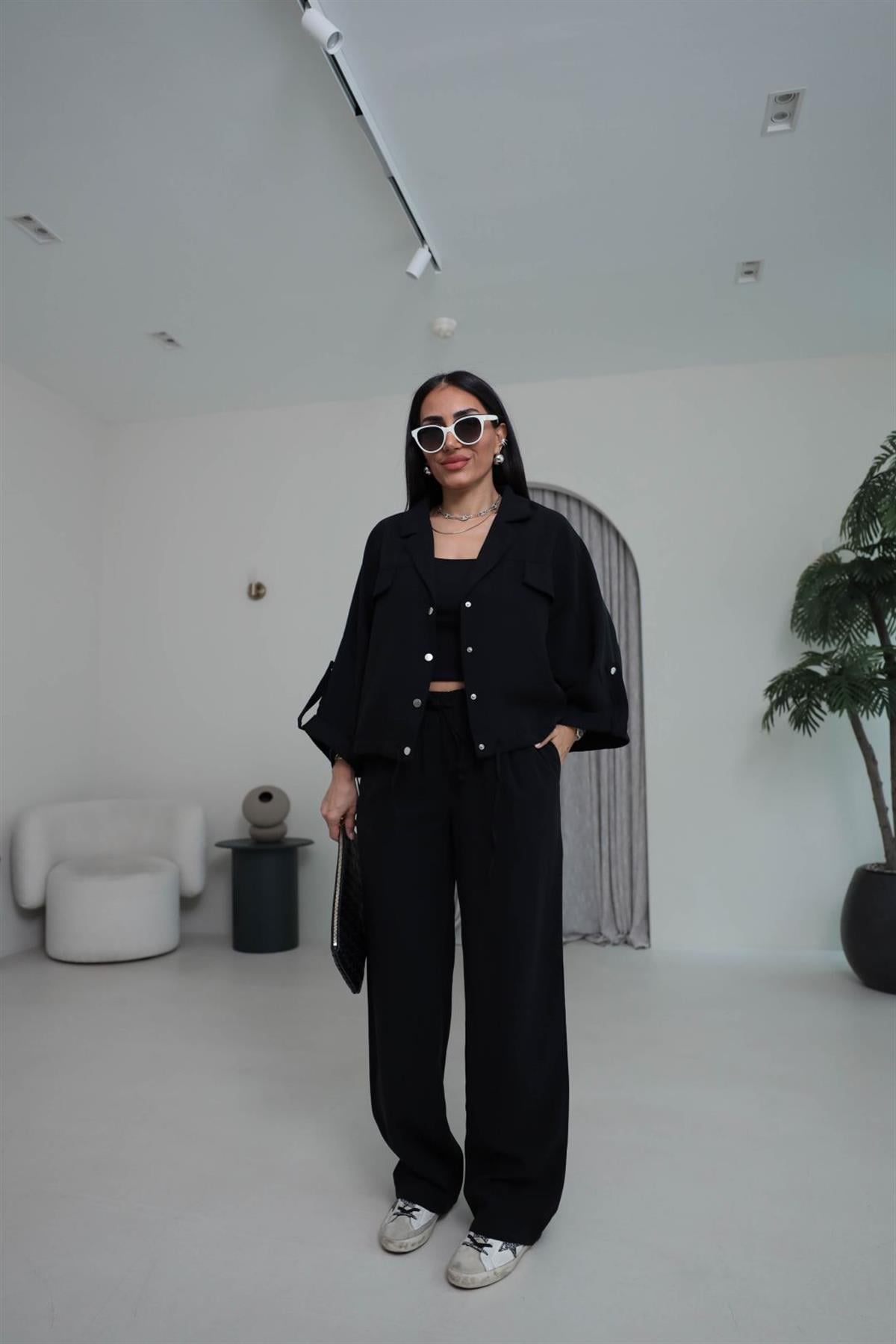 T0666 Tasarım Gabardin Tencel Takım SİYAH