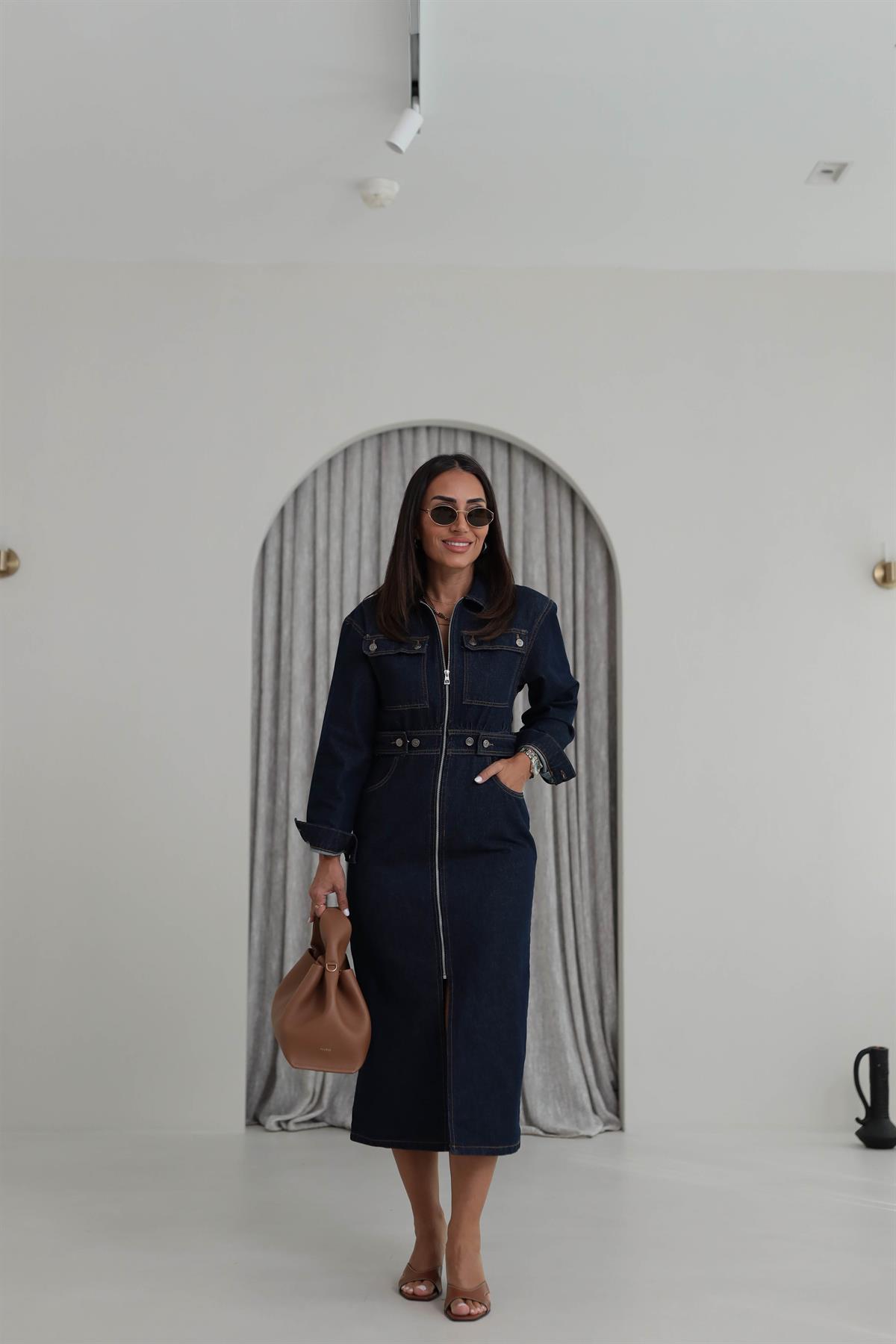 9279 Bel Gipeli Cep Detaylı Fermuarlı Jean Elbise LACİVERT