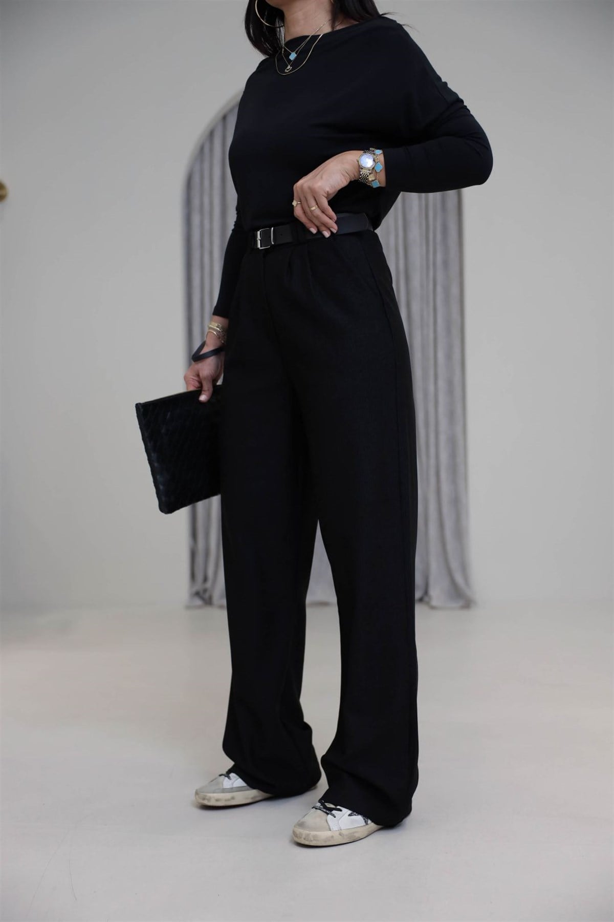 3290 Kemerli Fitilli Kumaş Palazzo Pantolon SİYAH