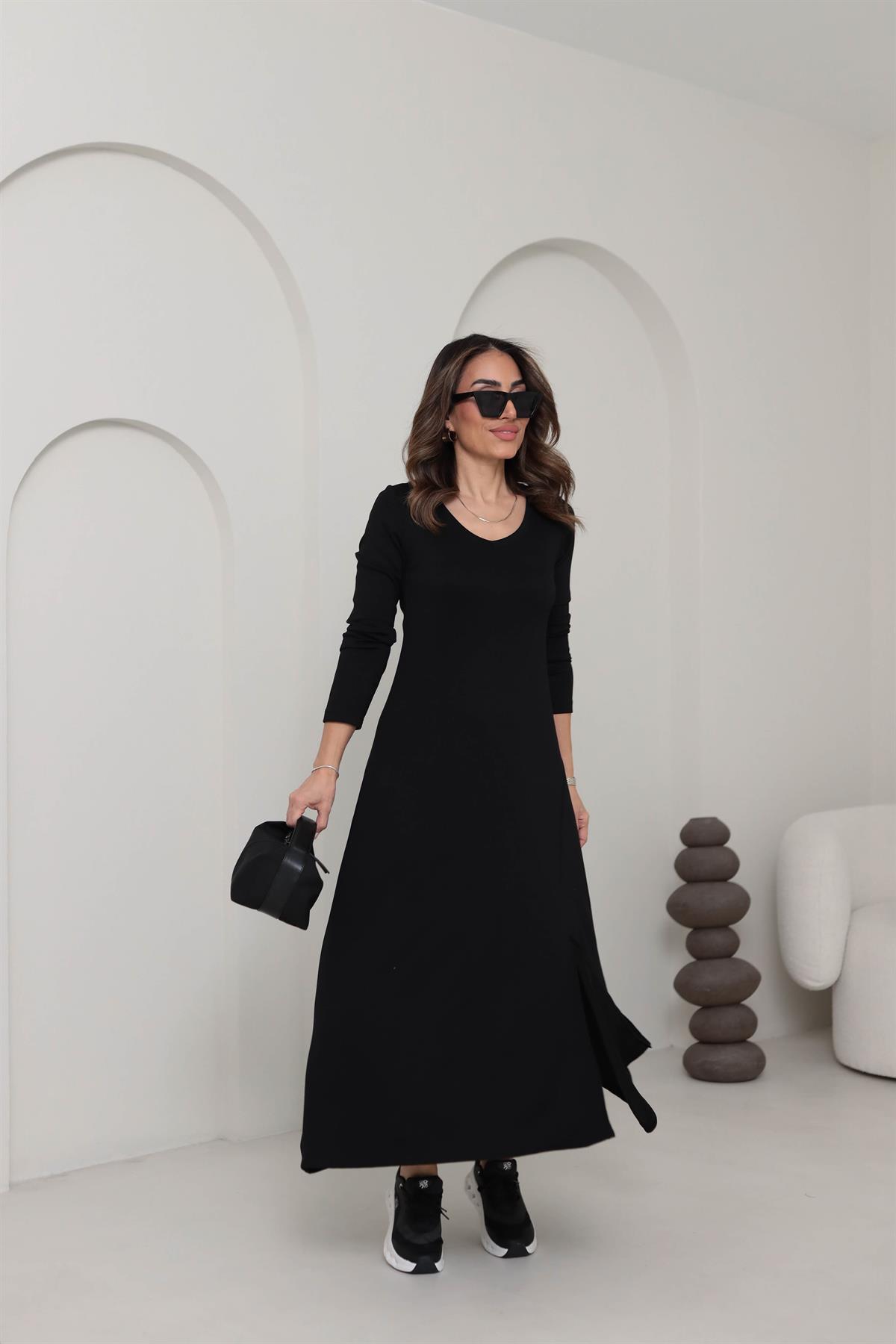 1327 U Yaka Uzun Kol Modal Penye Elbise SİYAH