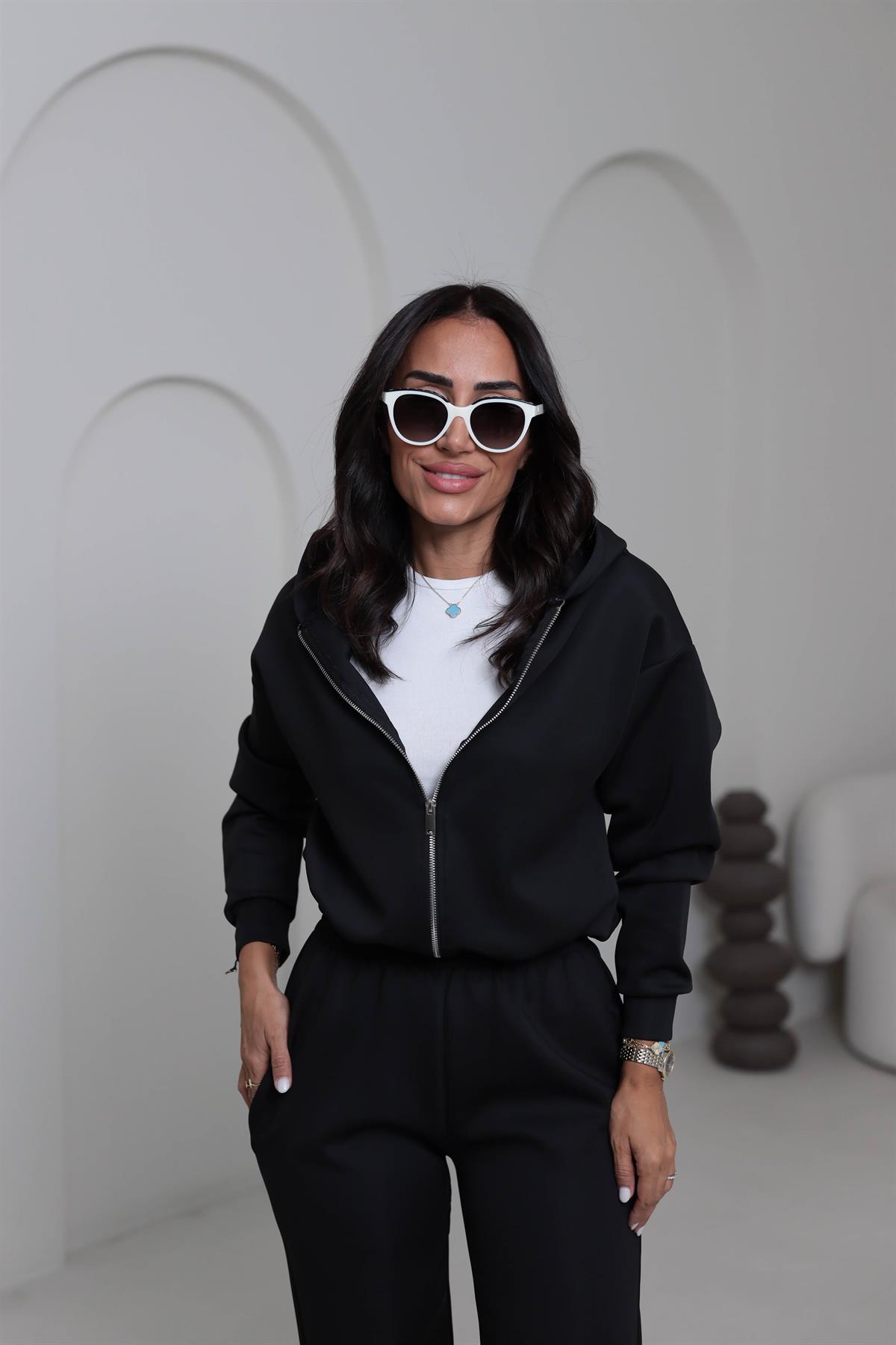 4202 Kapşonlu Büzgü Detay Scuba Takım SİYAH