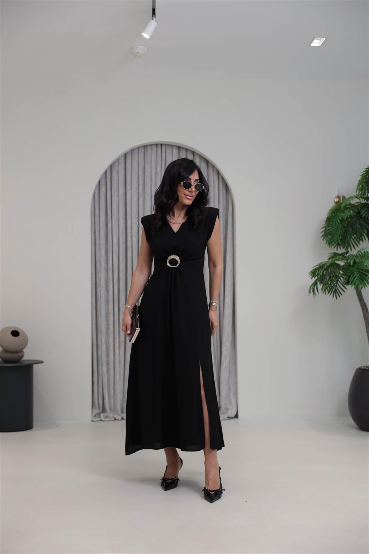 3865 V Yaka Gold Tokalı Maxi Elbise SİYAH