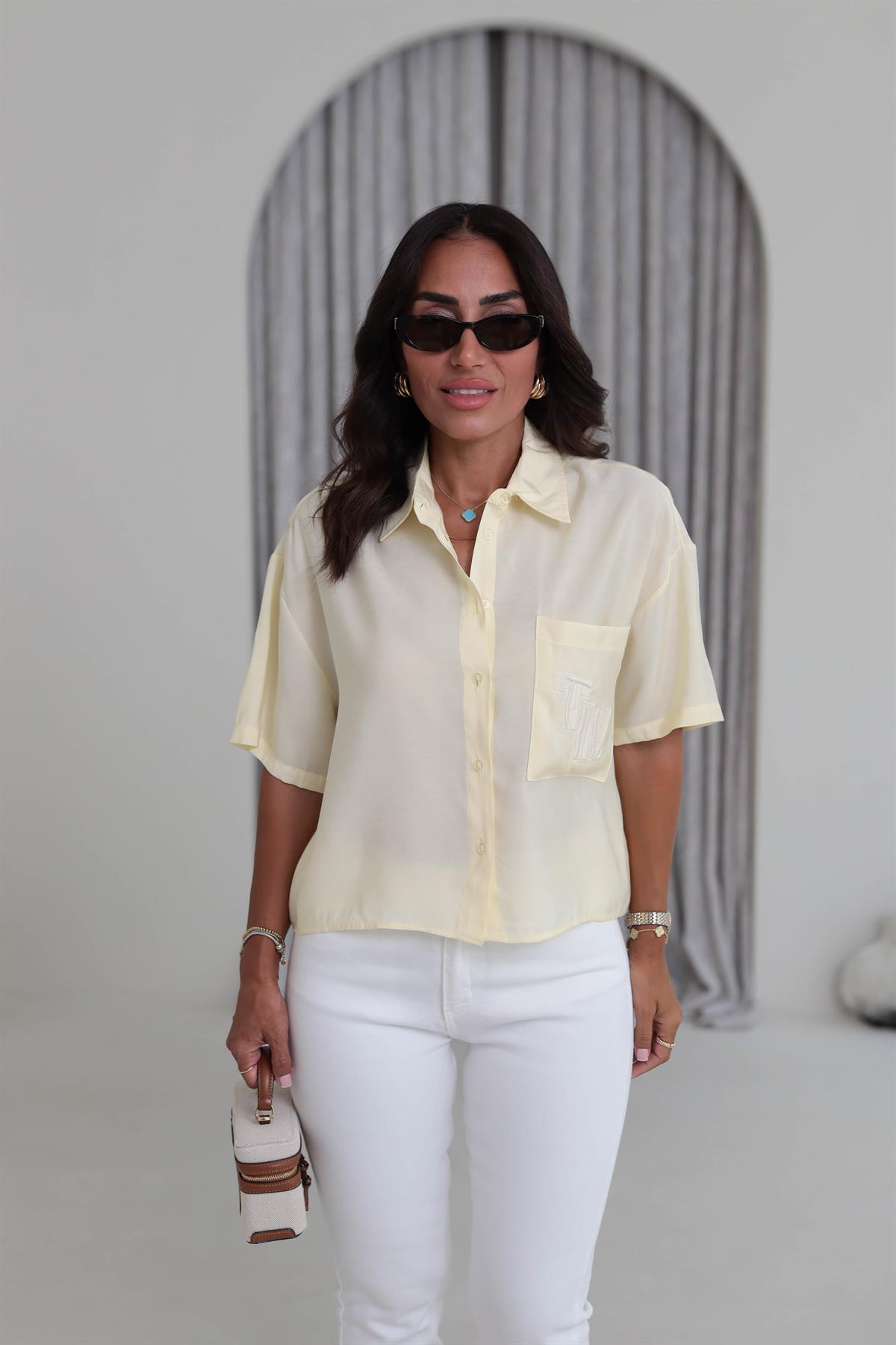 1261 Cep Nakış İşlemeli Tencel Kısa Kol Gömlek SARI