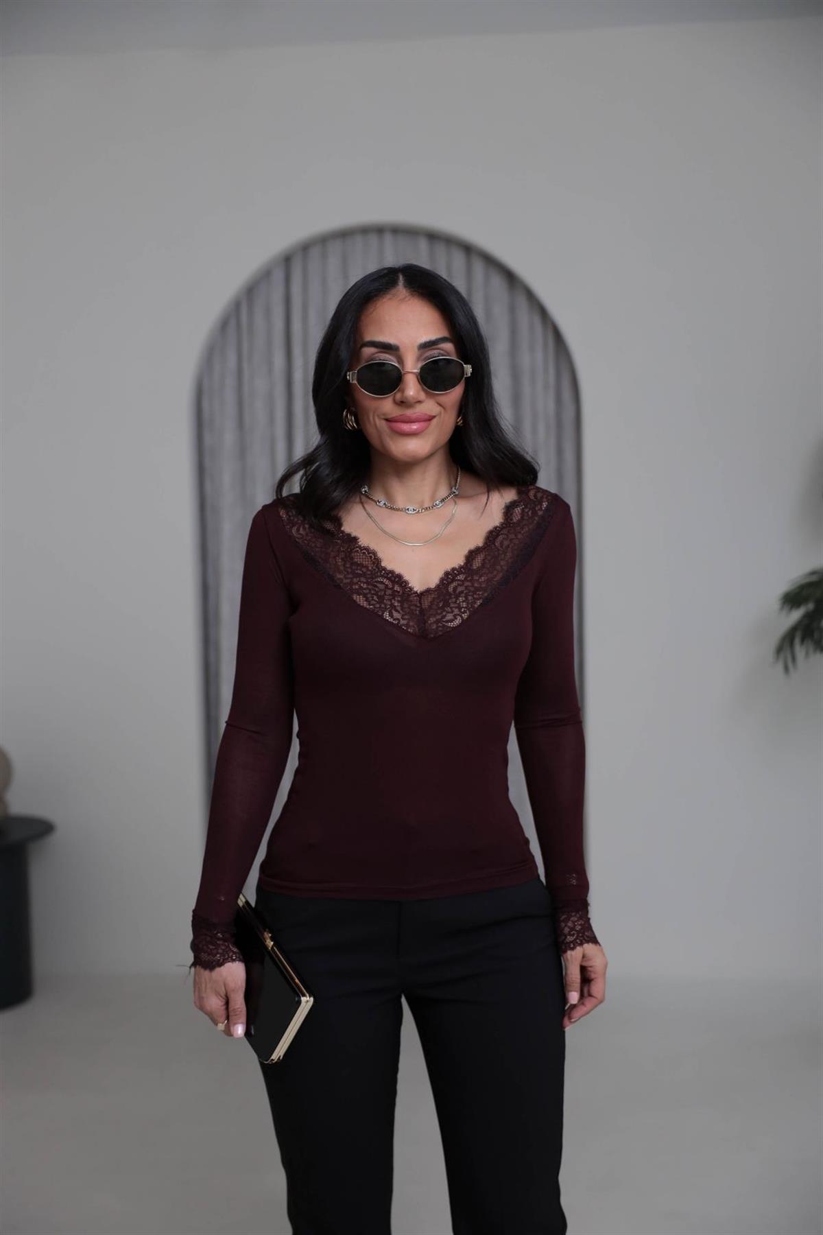 1041 V Yaka Dantel Detay İnti Body BORDO