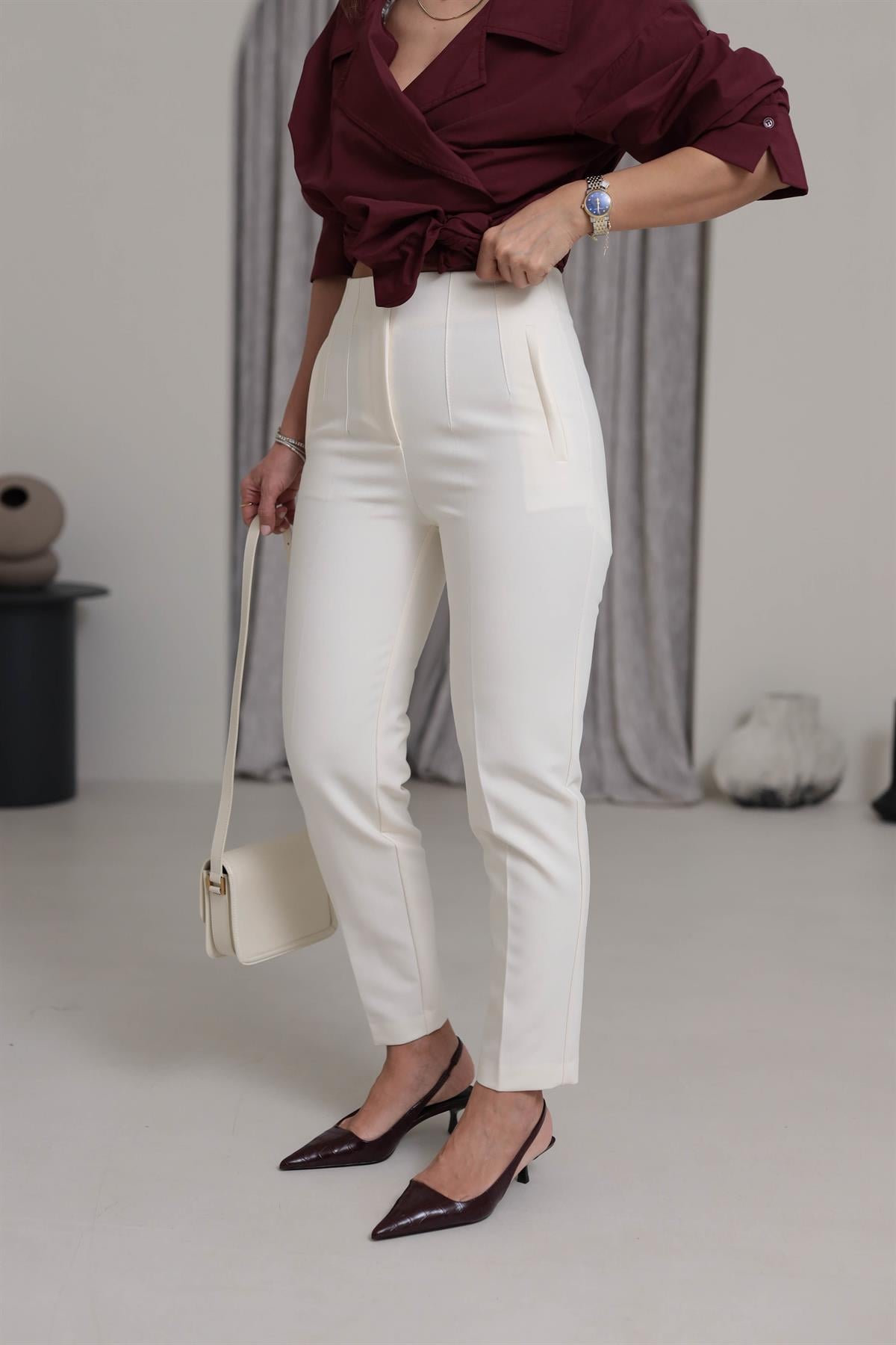 U5113-K Önü Flotalı Kumaş Pantolon KREM