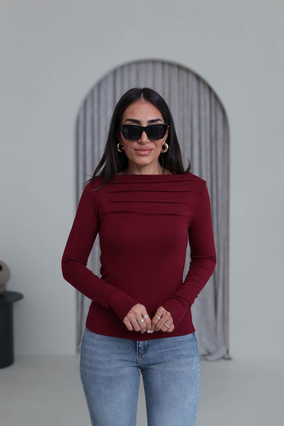 6504 Önü Pileli Viskon Bluz BORDO