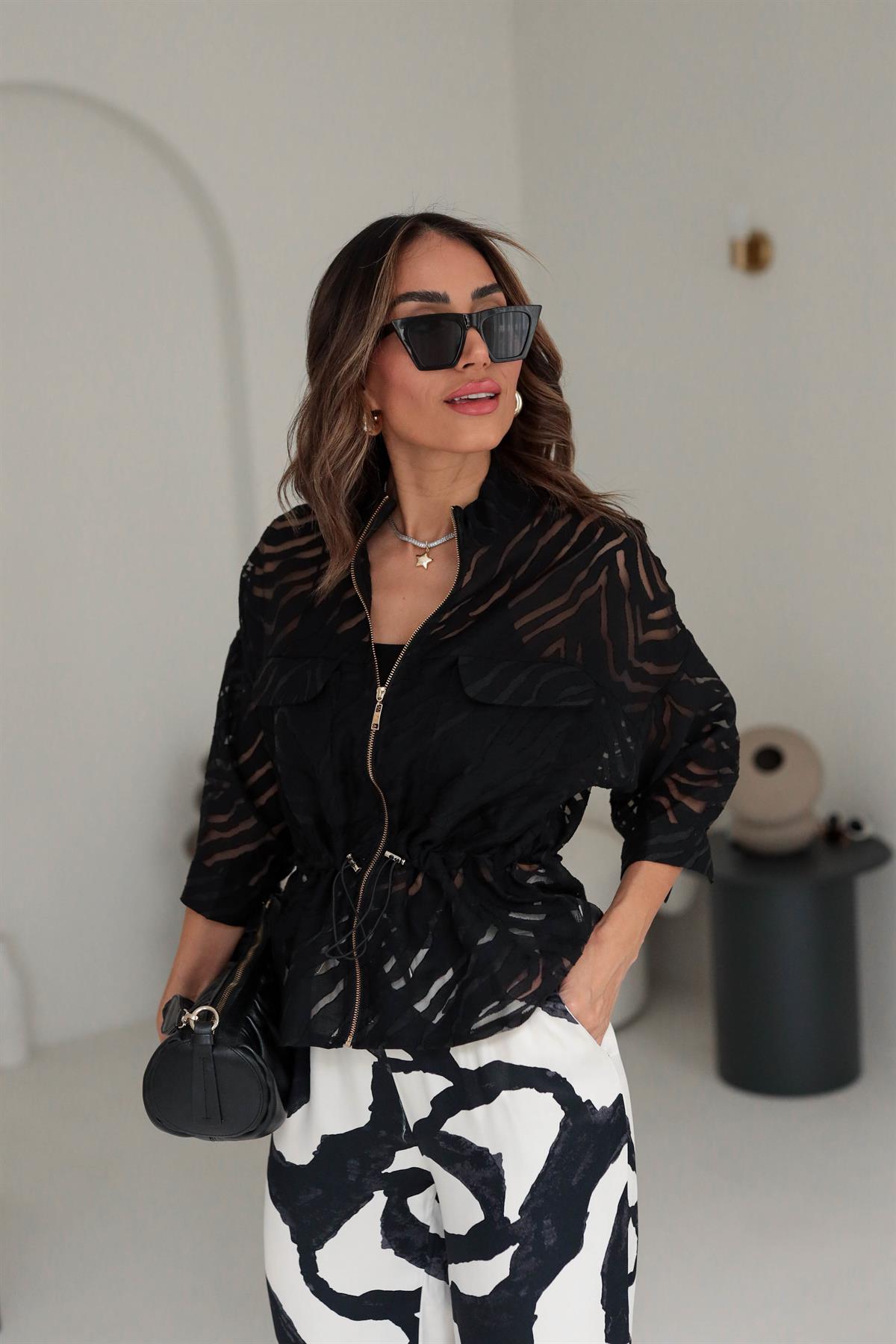 2938 Orgaze Tül Kumaş Fermuarlı Ceket