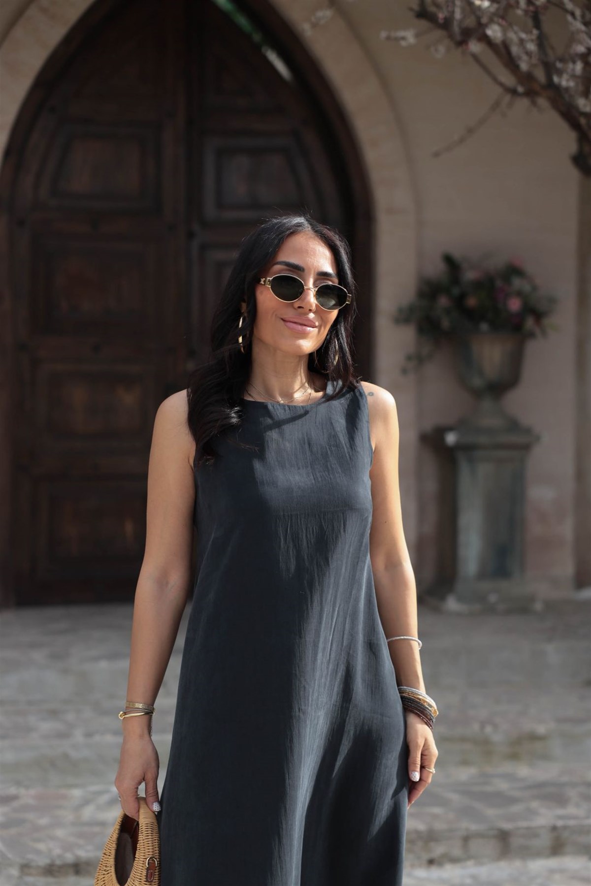 5007 Sıfır Kol Tencel Uzun Elbise FÜME