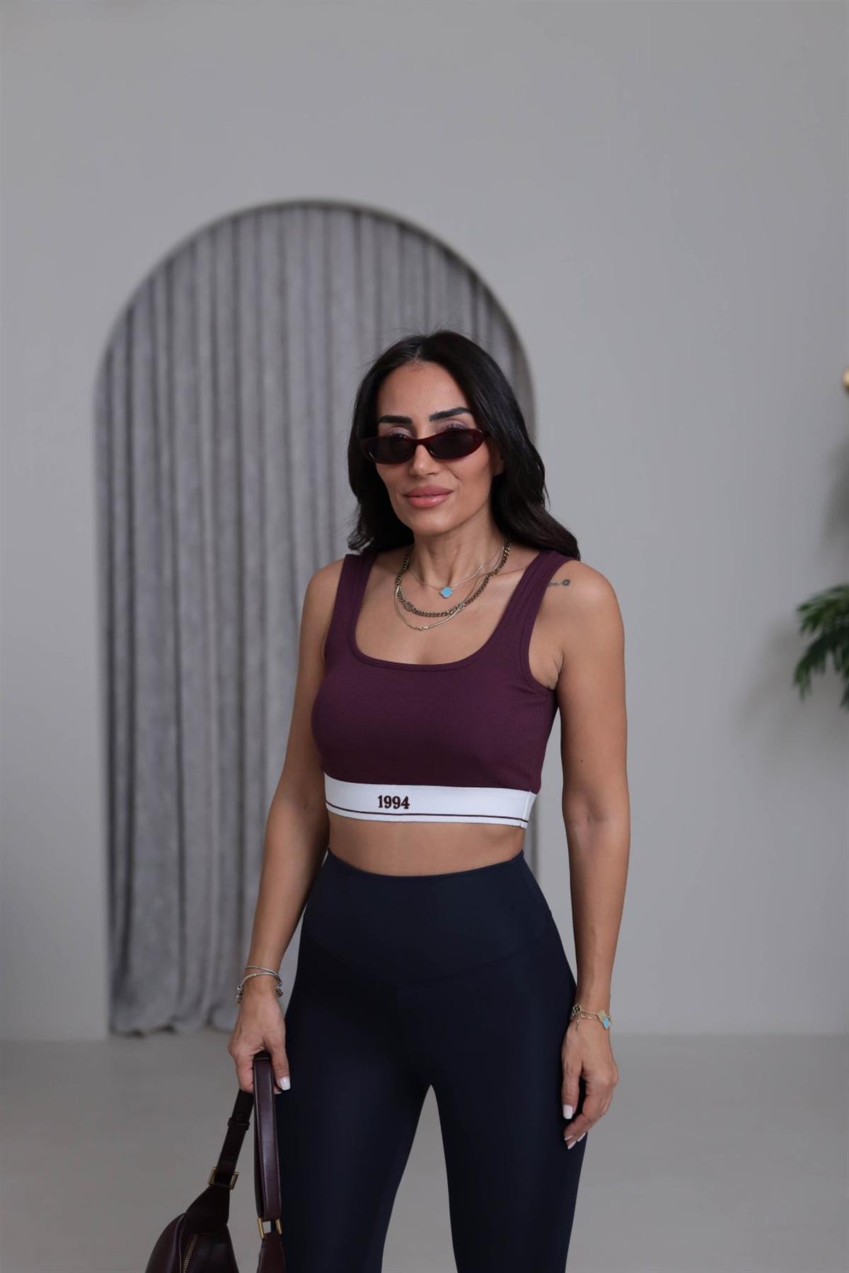 0784 Kalın Askılı Yazı Detaylı Kaşkorse Crop MÜRDÜM