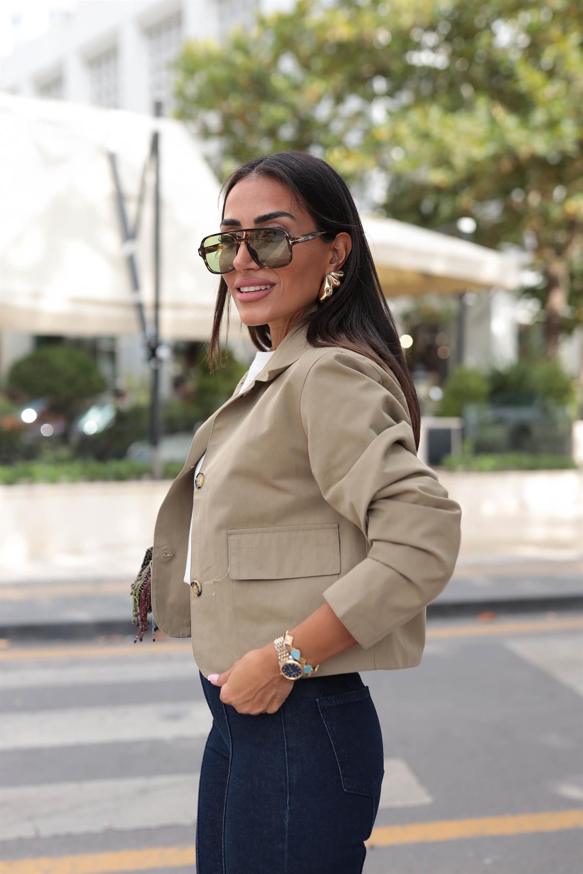 0163 Cep Kapaklı Kısa Trençkot Ceket HAKİ YEŞİL