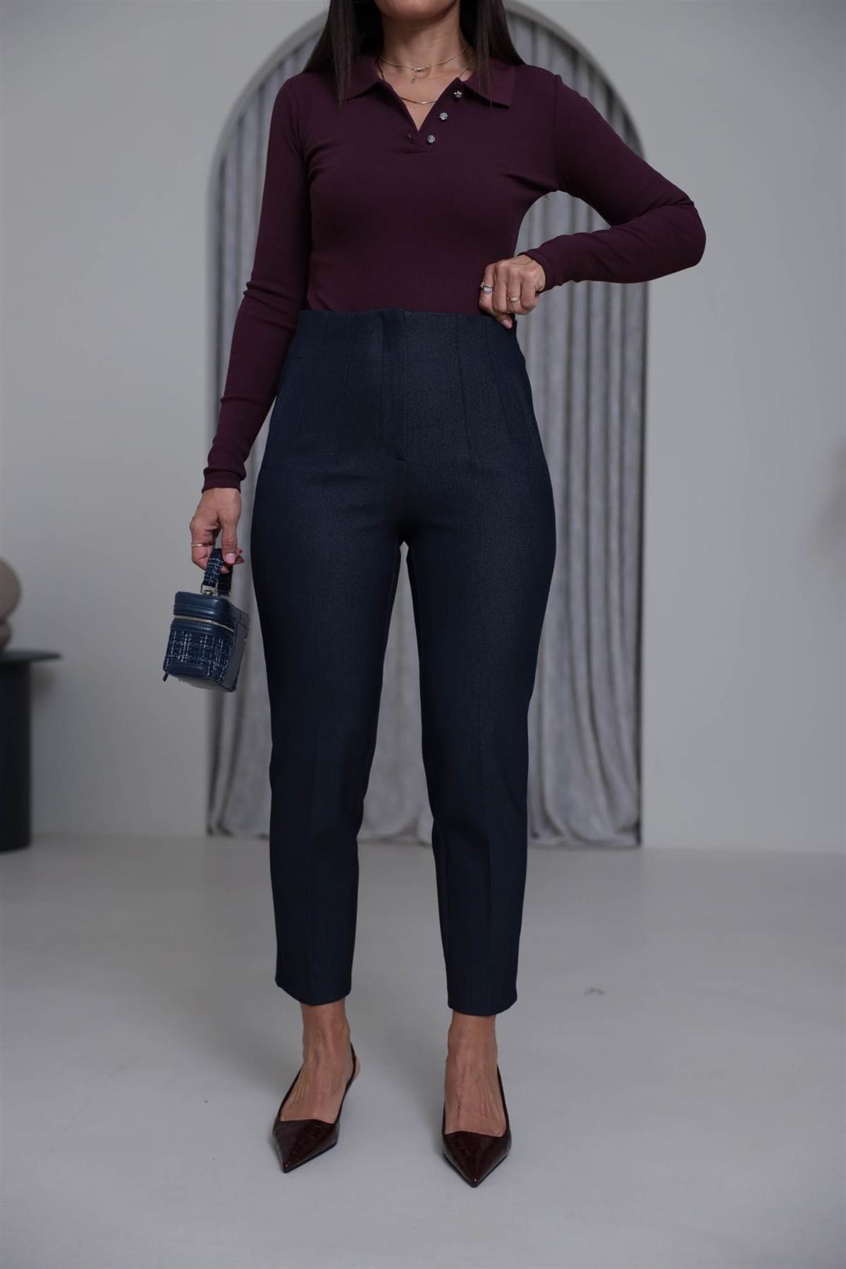 U5113-K Önü Flotalı Kumaş Pantolon KIRÇILLI LACİVERT