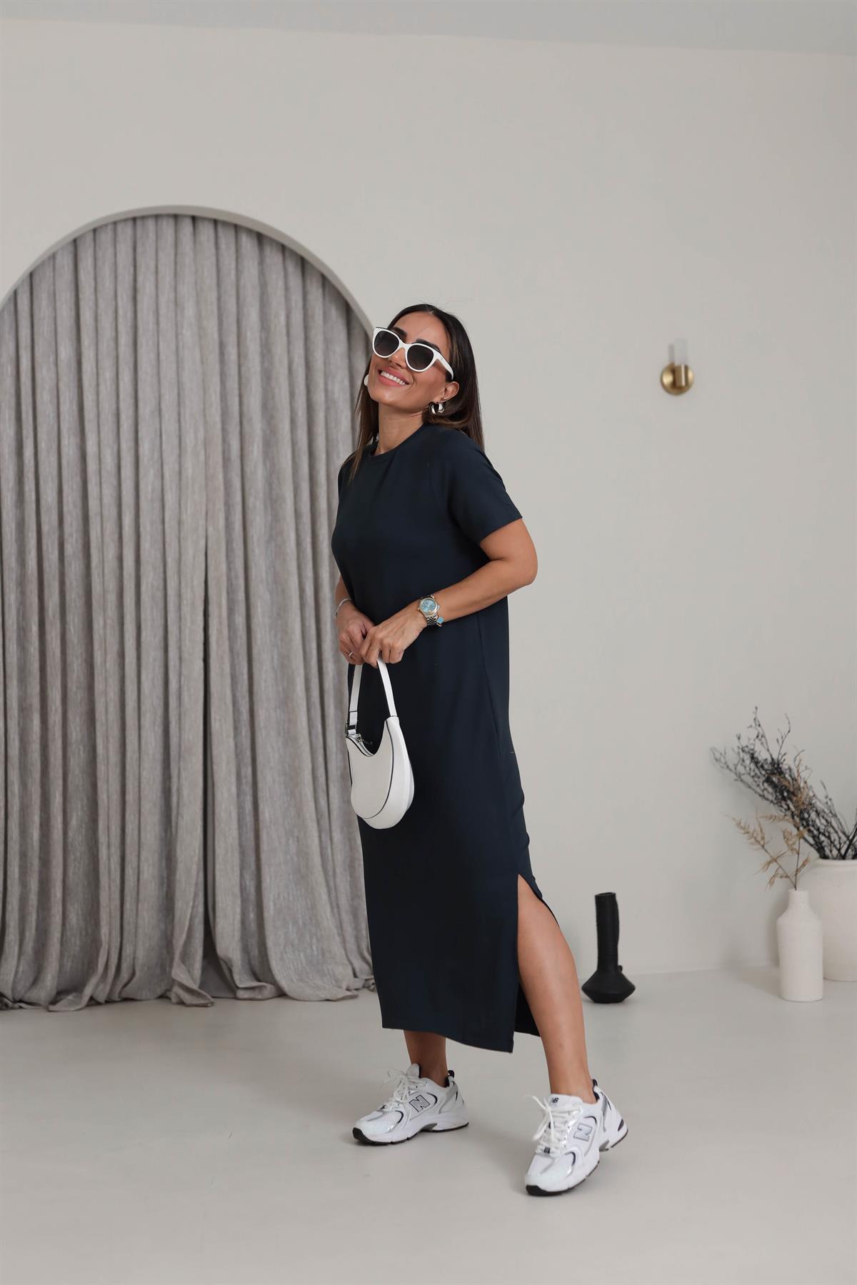 116 Bisiklet Yaka Kısa Kol Yırtmaçlı Modal Elbise ANTRASİT