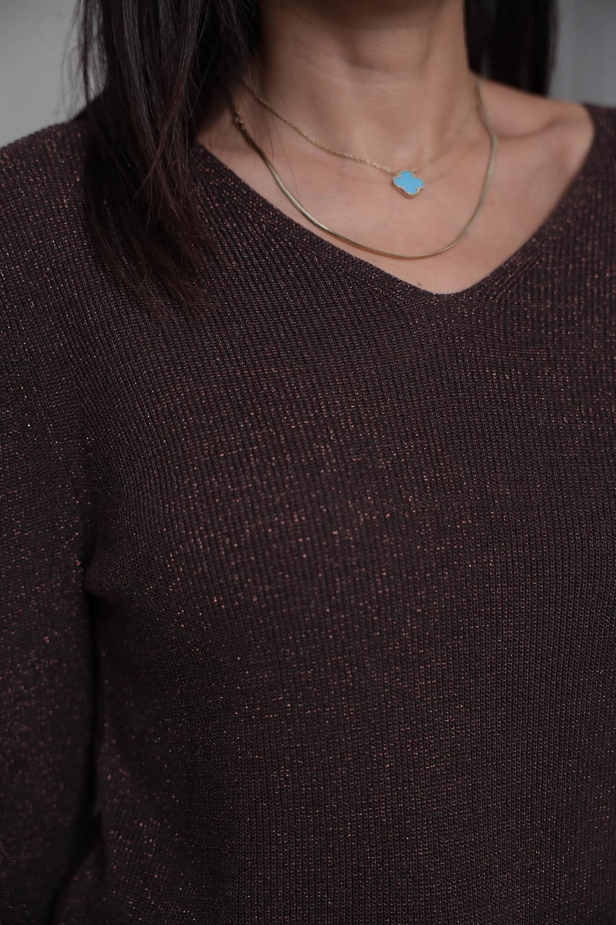 152 V Yaka Simli Viskon Triko Bluz KAHVE