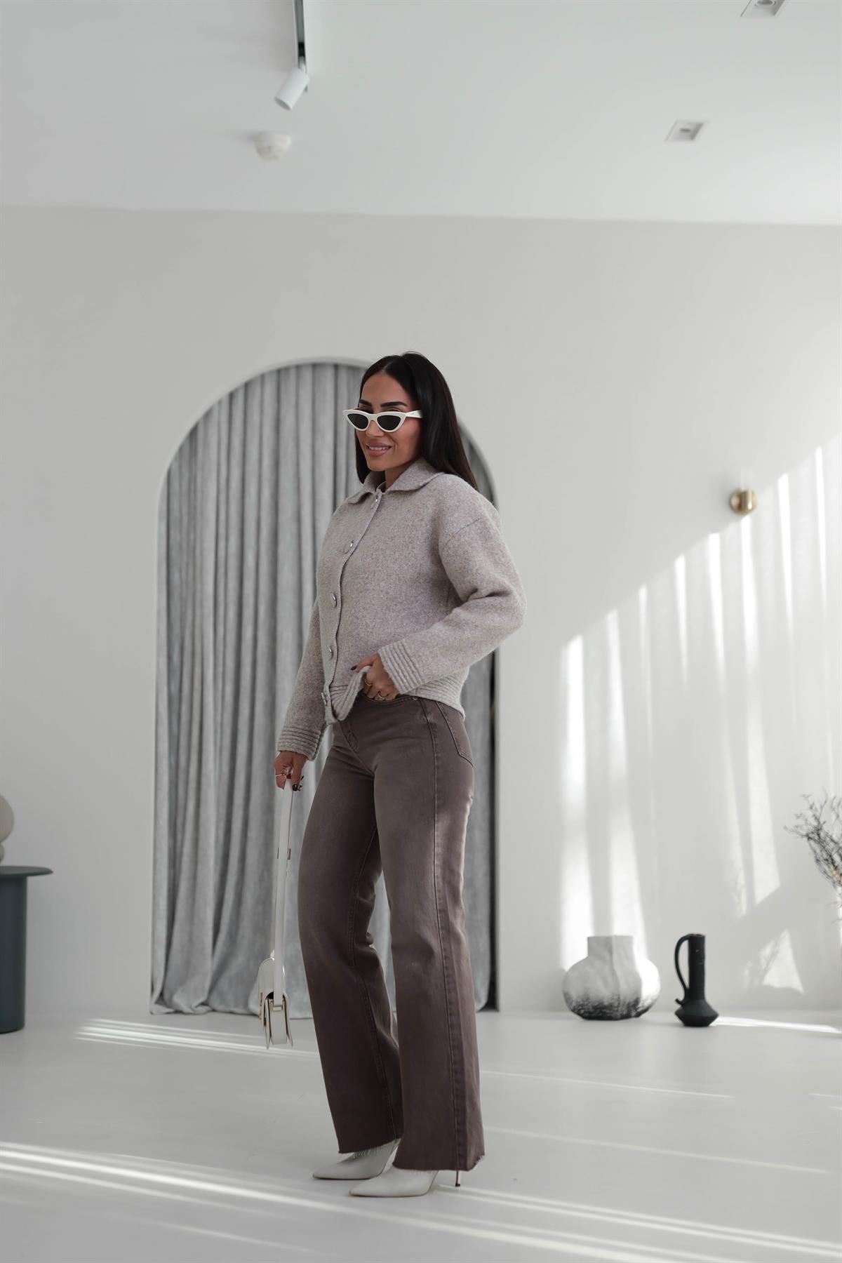 Za Taşlamalı Yüksek Bel Palazzo Jean KAHVE