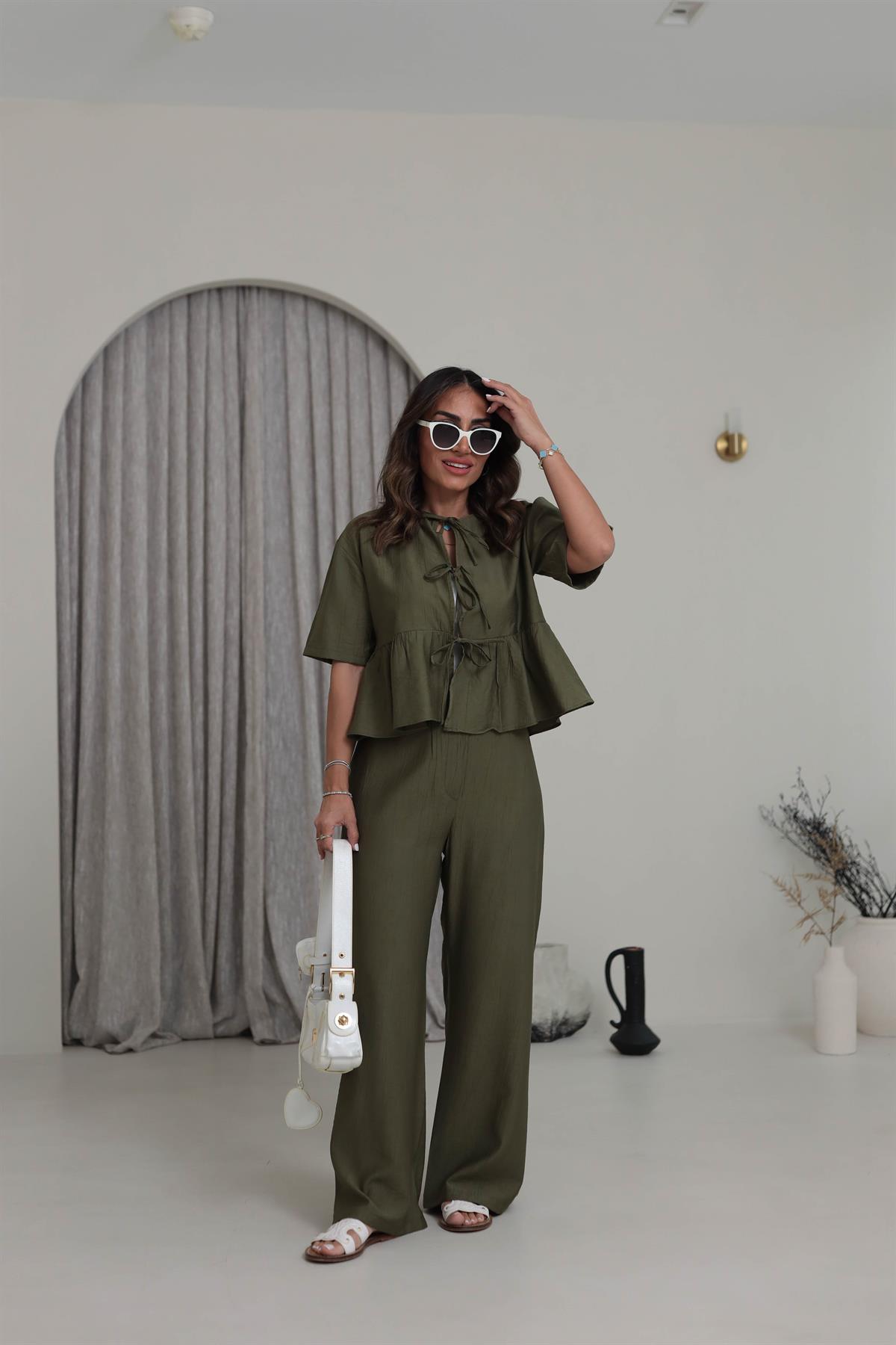 9265 Bağlama Detaylı Çilek Kumaş Takım HAKİ YEŞİL