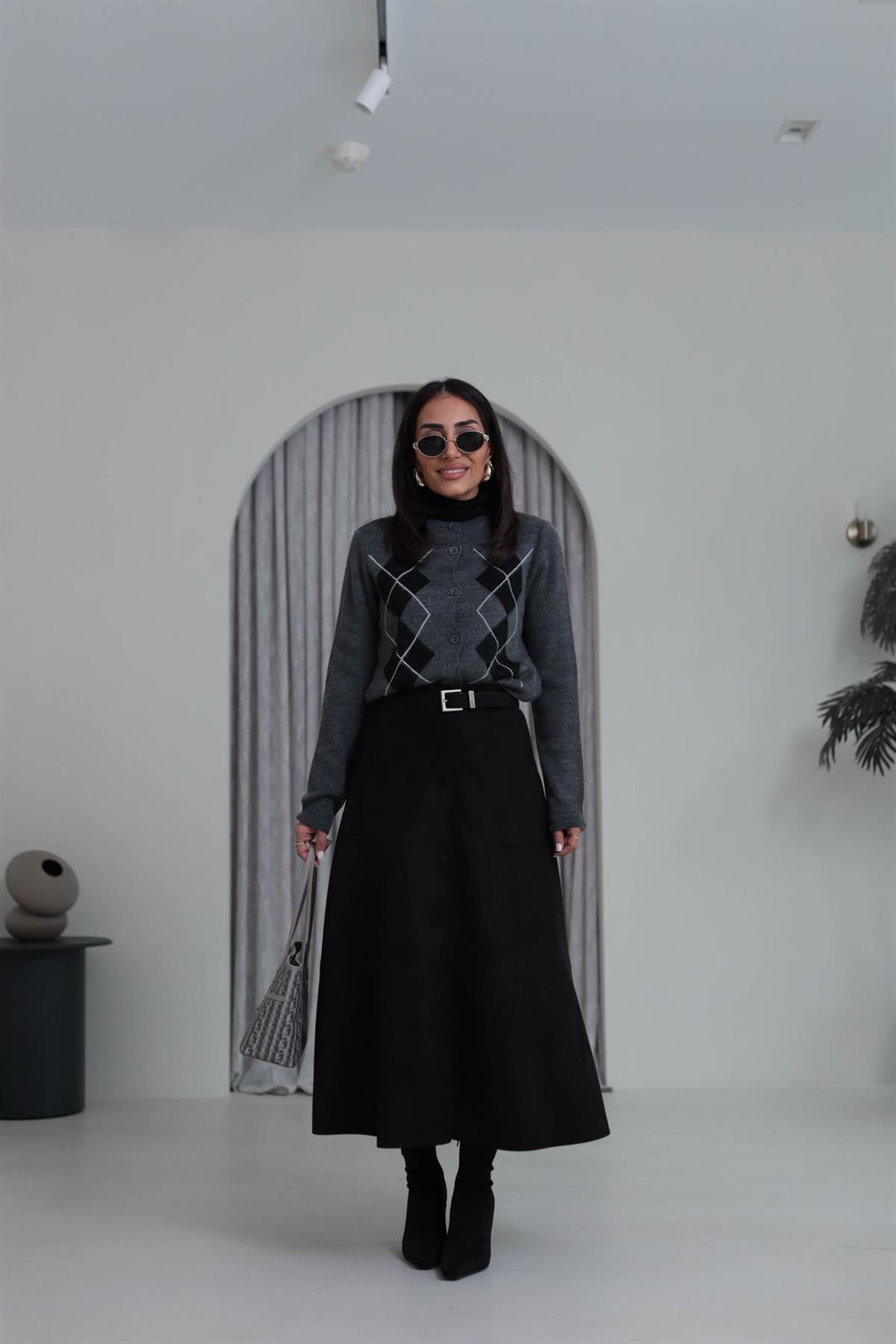 7547 Midi Boy Yüksek Bel Süet Etek SİYAH