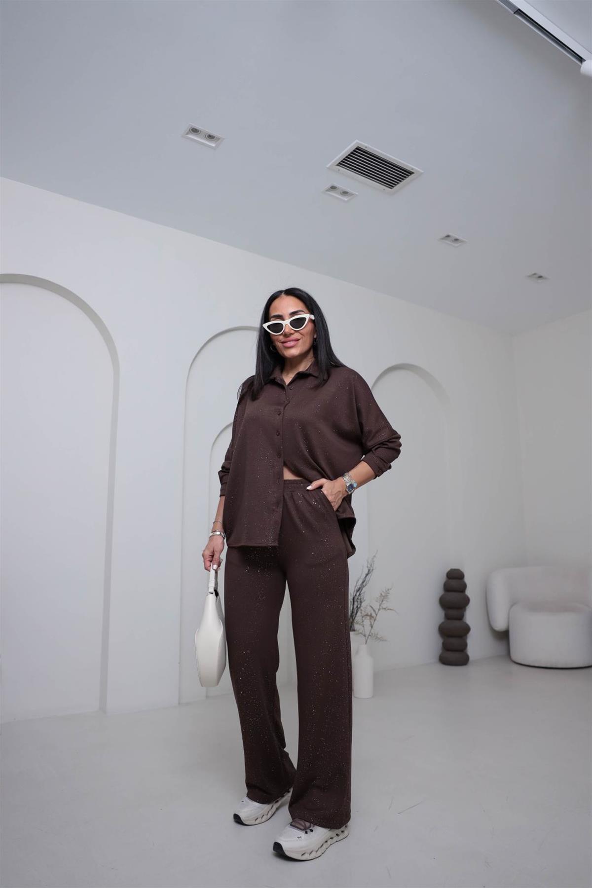 2524  Sim Geçişli Gömlek Pantolon Takım KAHVE