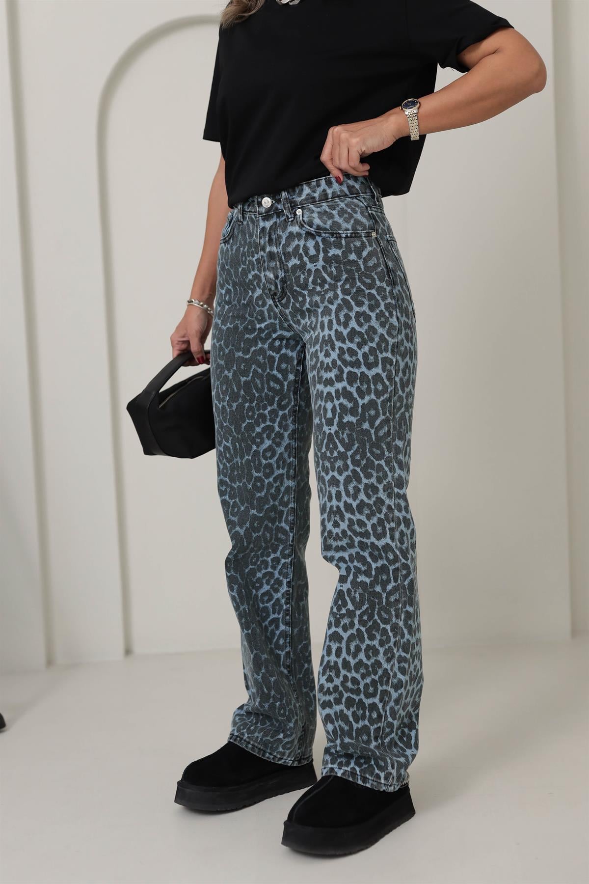ZA Leopar Desenli Palazzo Pantolon LEOPAR MAVİ