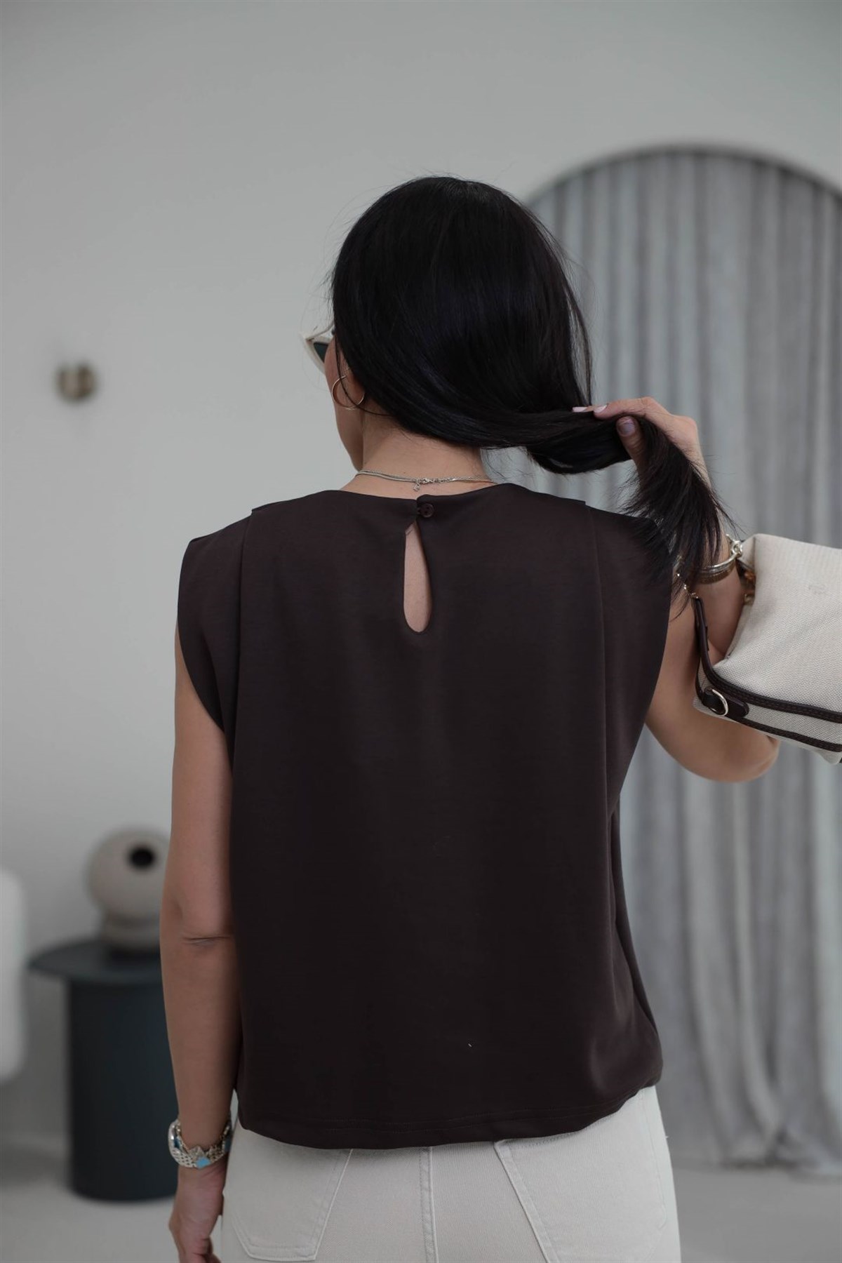 1376 Bisiklet Yaka Omzu Pileli Bluz ACI KAHVE