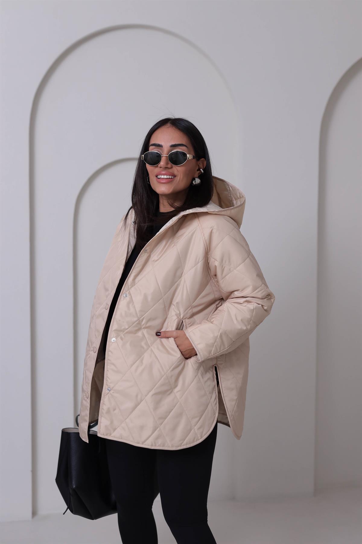 4211 Kapitone Kapşonlu Oversize Mont BEJ