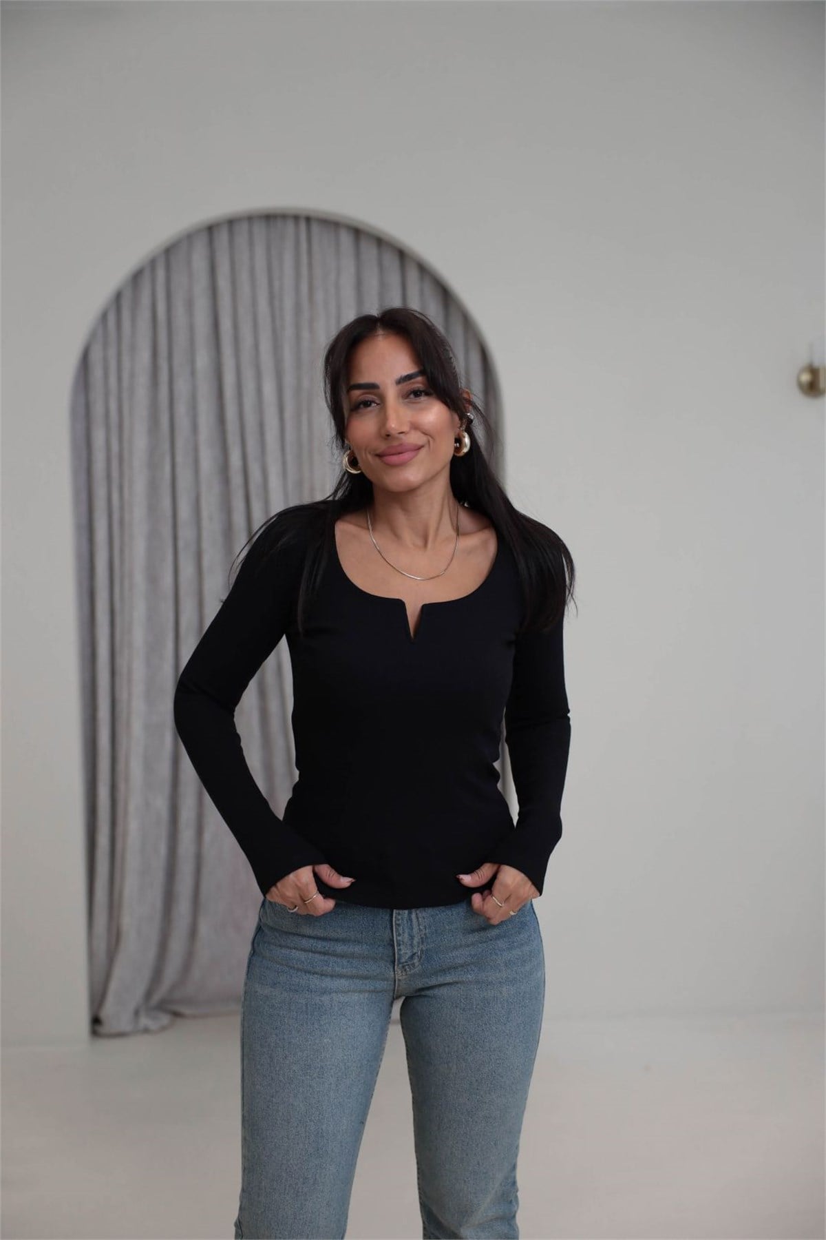 2260Y Damla Yaka Pamuklu Bluz SİYAH