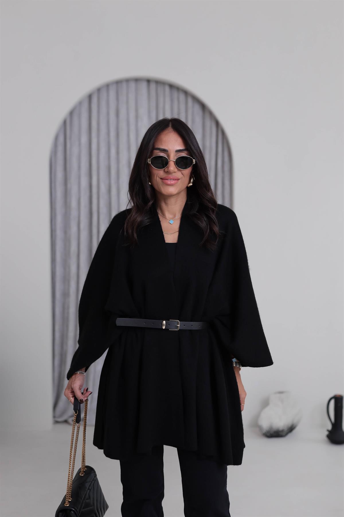 6840 Kemerli Triko Panço Şal SİYAH