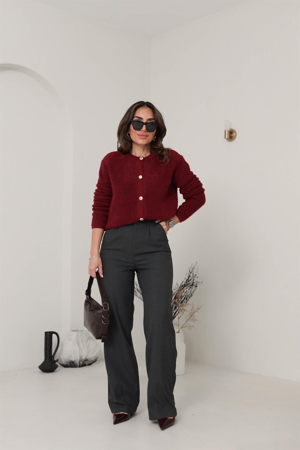 371 Gold Düğmeli Teddy Hırka BORDO