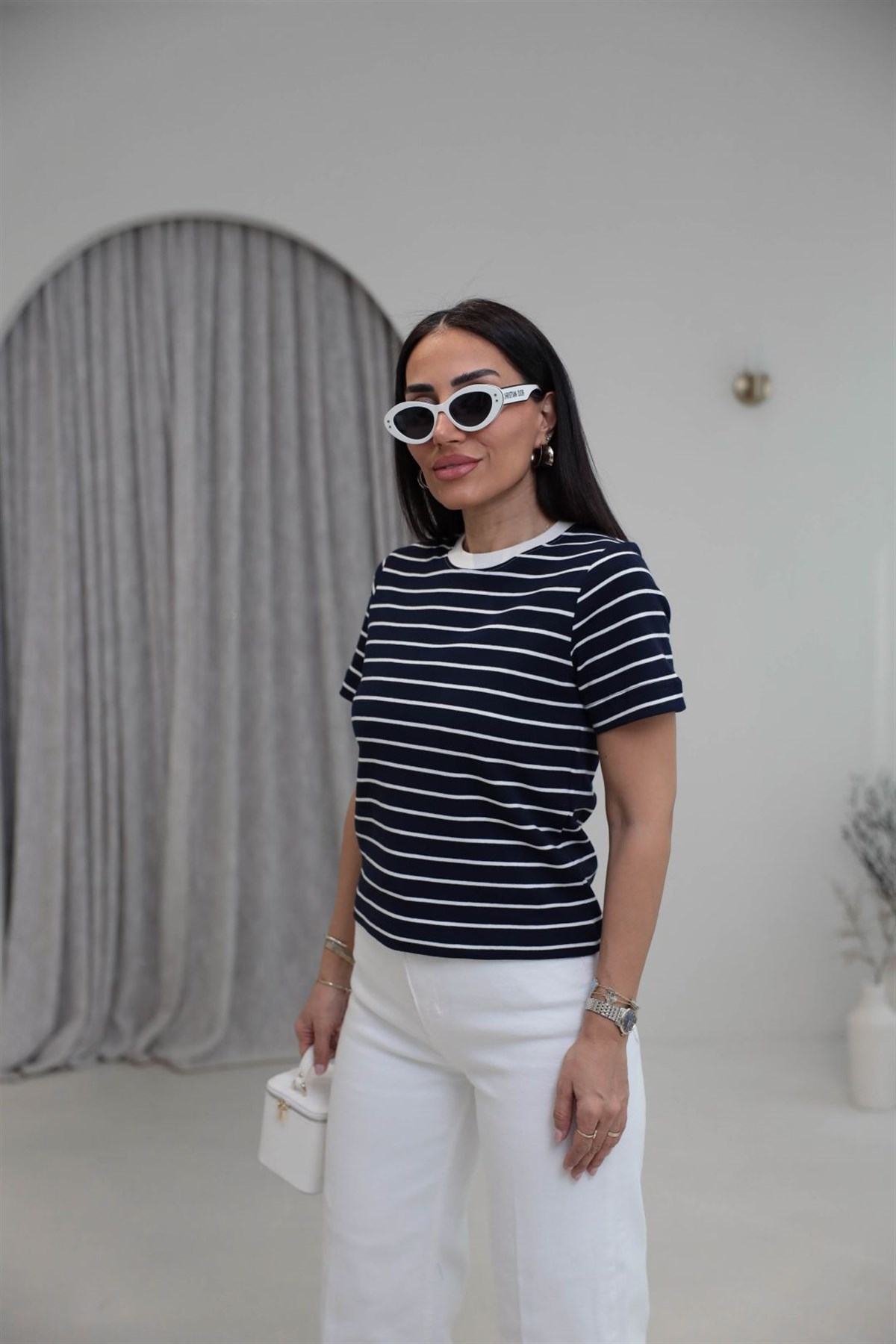 6711 Çizgili Pamuklu Tshirt LACİ-BEYAZ