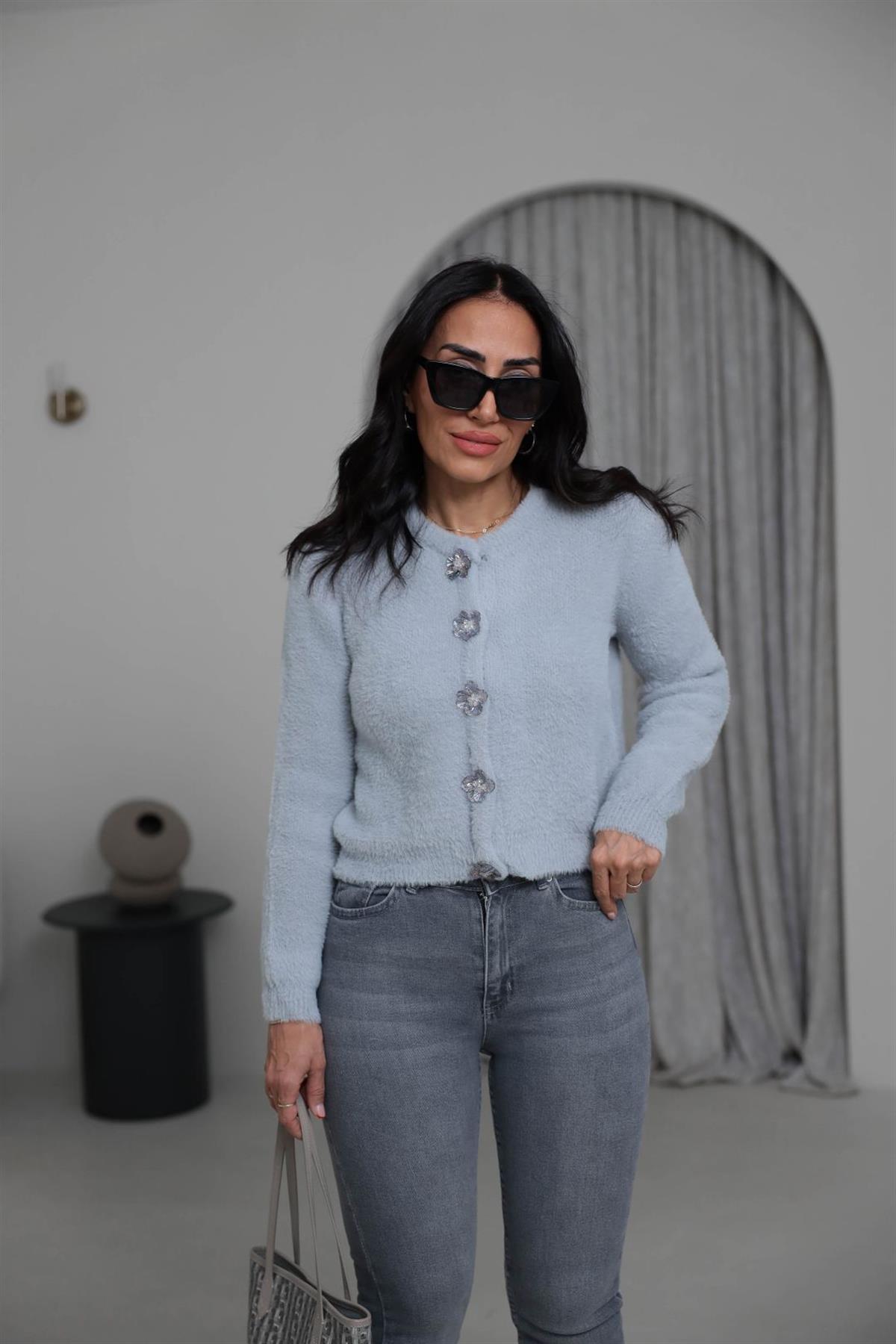 314 Çiçek Düğmeli Çıtçıtlı Yumoş Hırka AÇIK GRİ