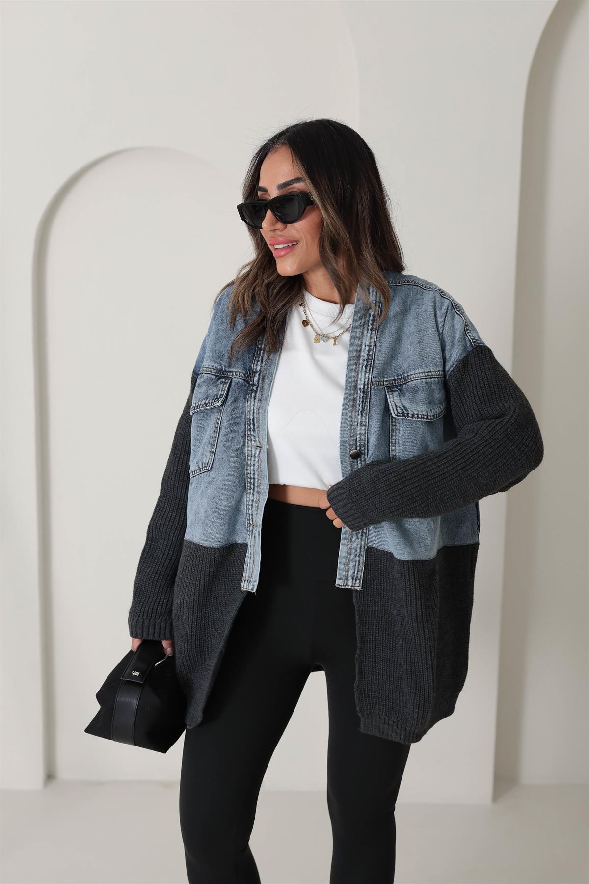 4139 Tasarım Triko ve Kot Garnili Ceket Hırka FÜME