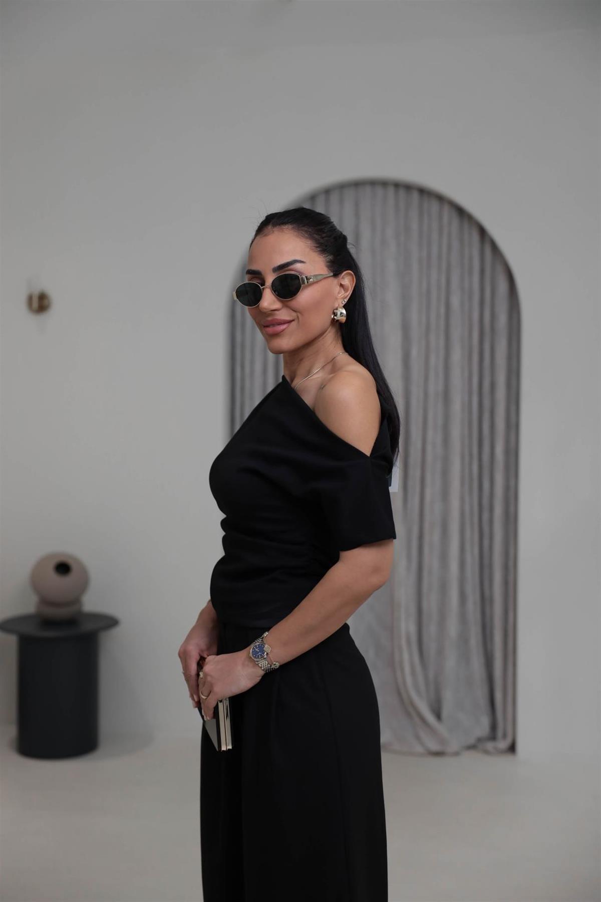 0840 Tek Omuz Drapeli Tok Penye Bluz SİYAH