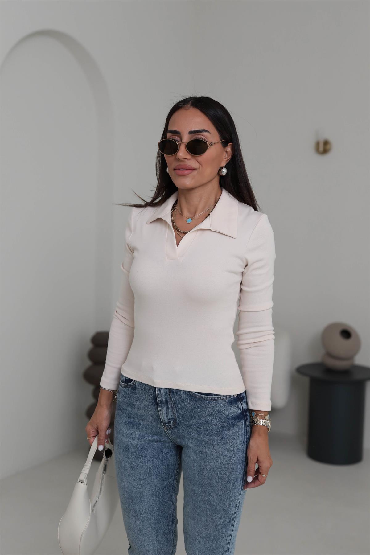 0626 Polo Yaka Uzun Kol Likralı Bluz BEJ