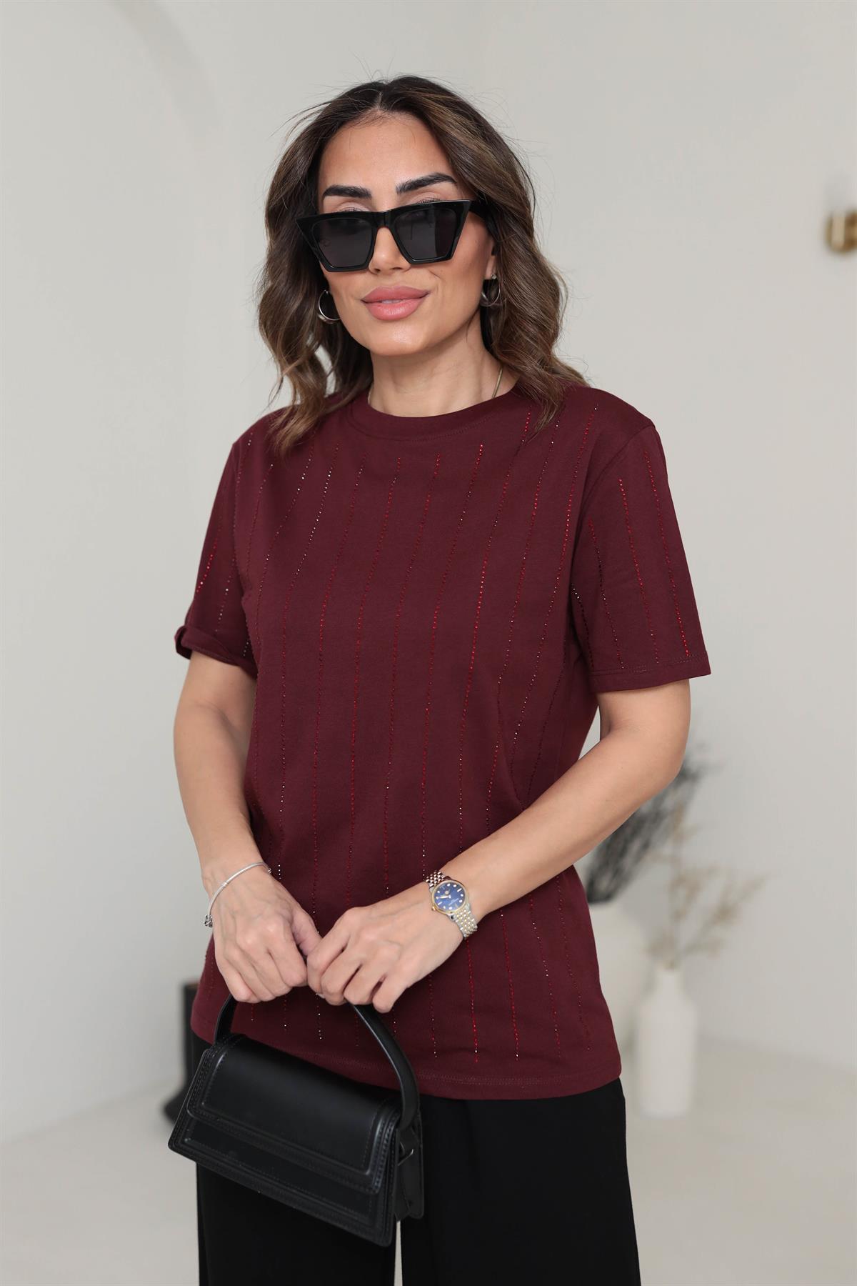 7103 Şerit Taşlı Pamuklu Tshirt BORDO