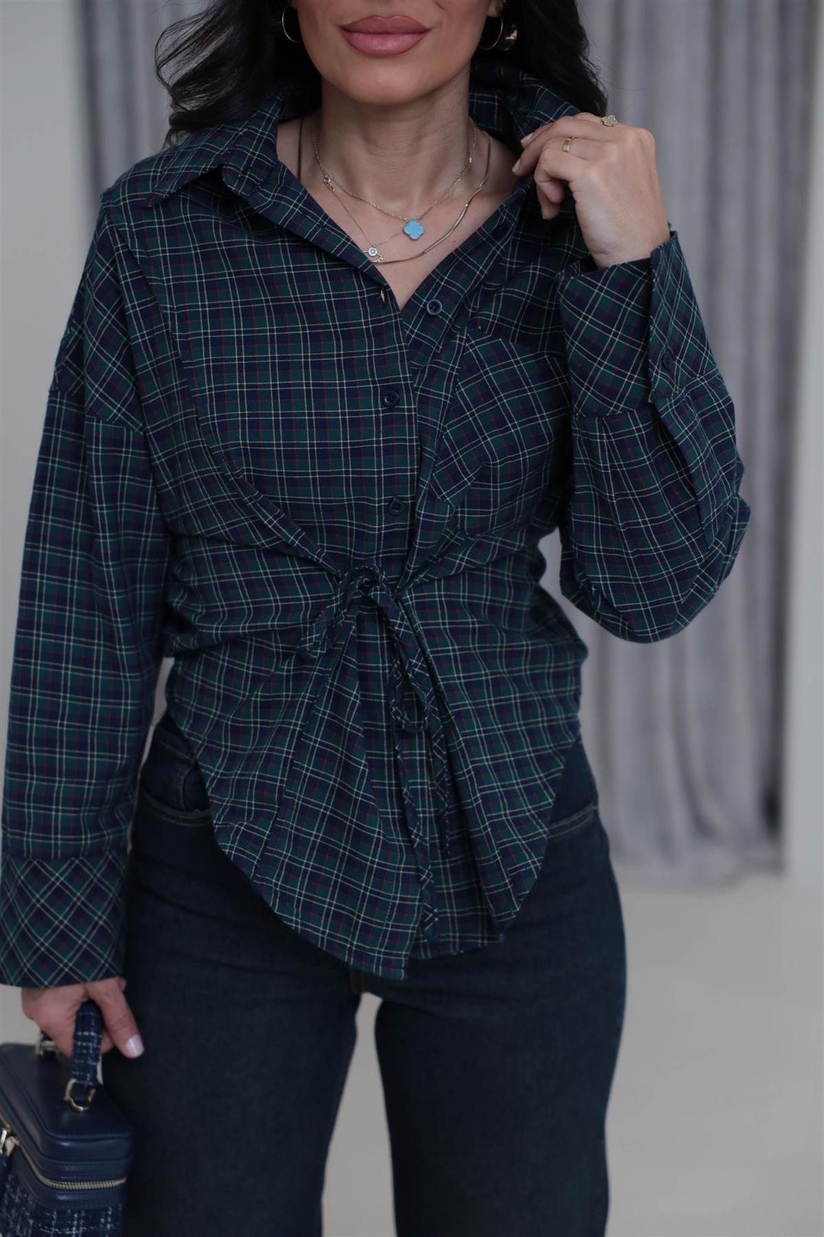 7473 Bağlama Detaylı Ekose Gömlek KOYU YEŞİL