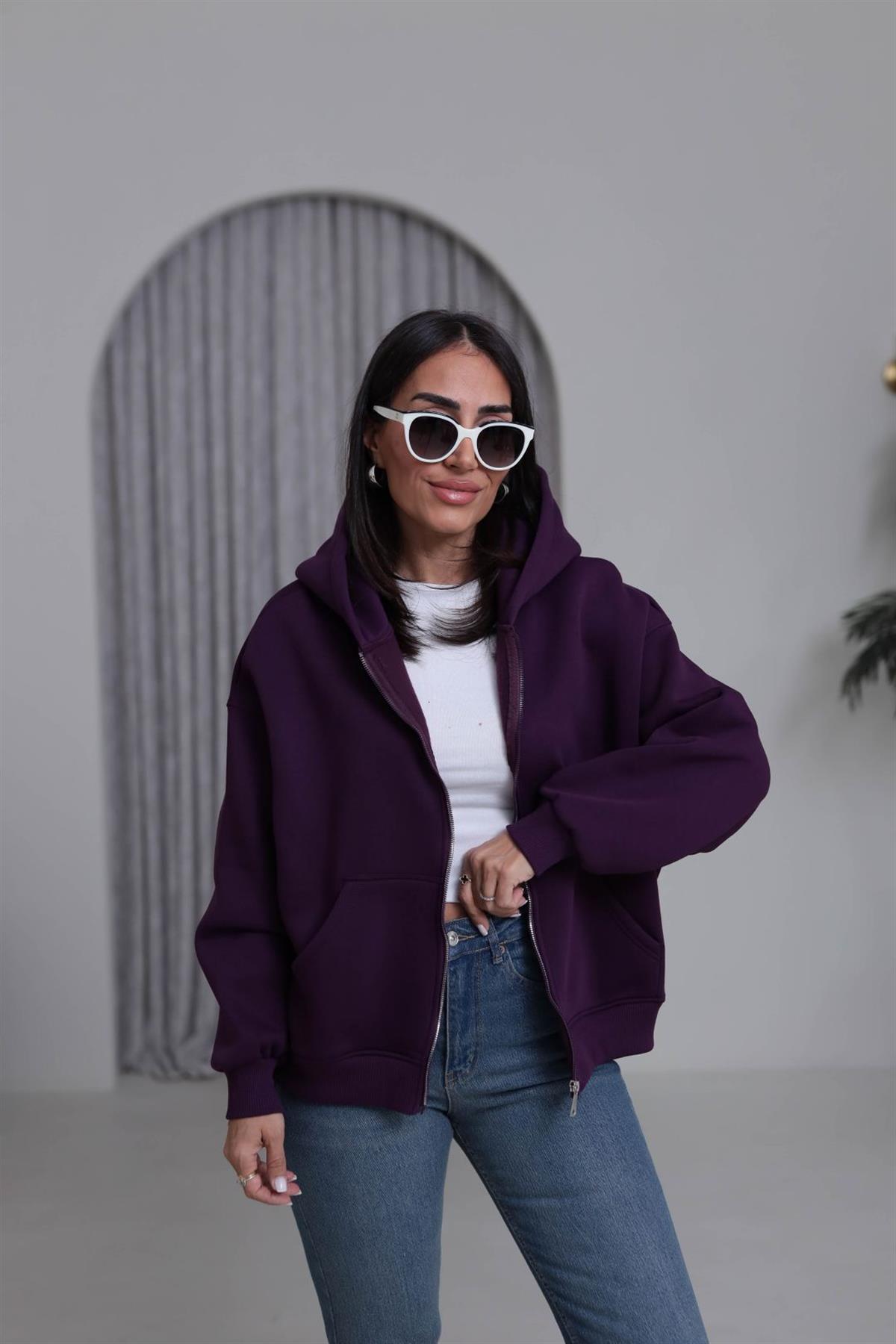 0822 Kapüşonlu Fermuarlı Şardonlu Sweatshirt MOR
