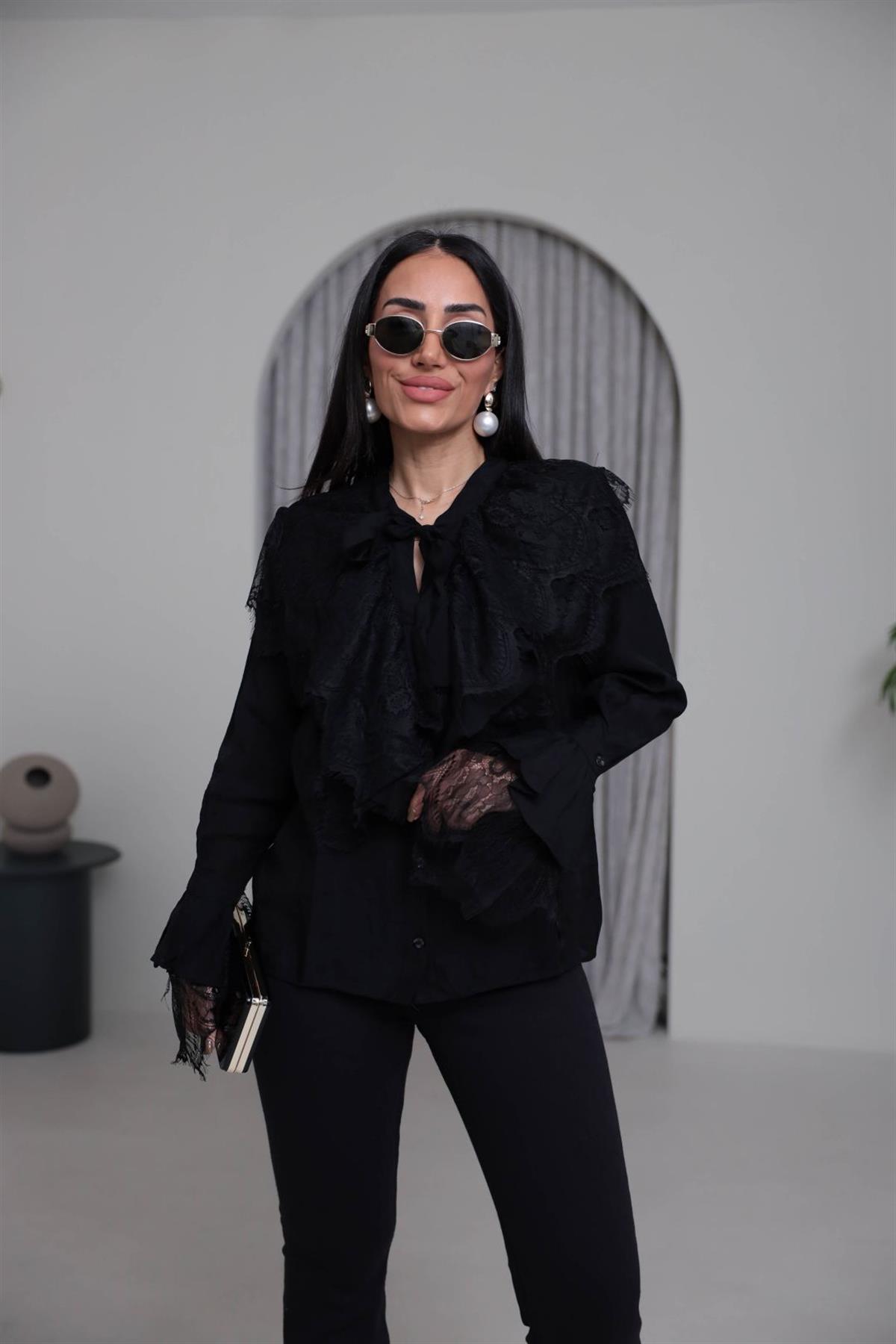 4512 Güpür Detaylı Önden Bağlamalı Gömlek SİYAH