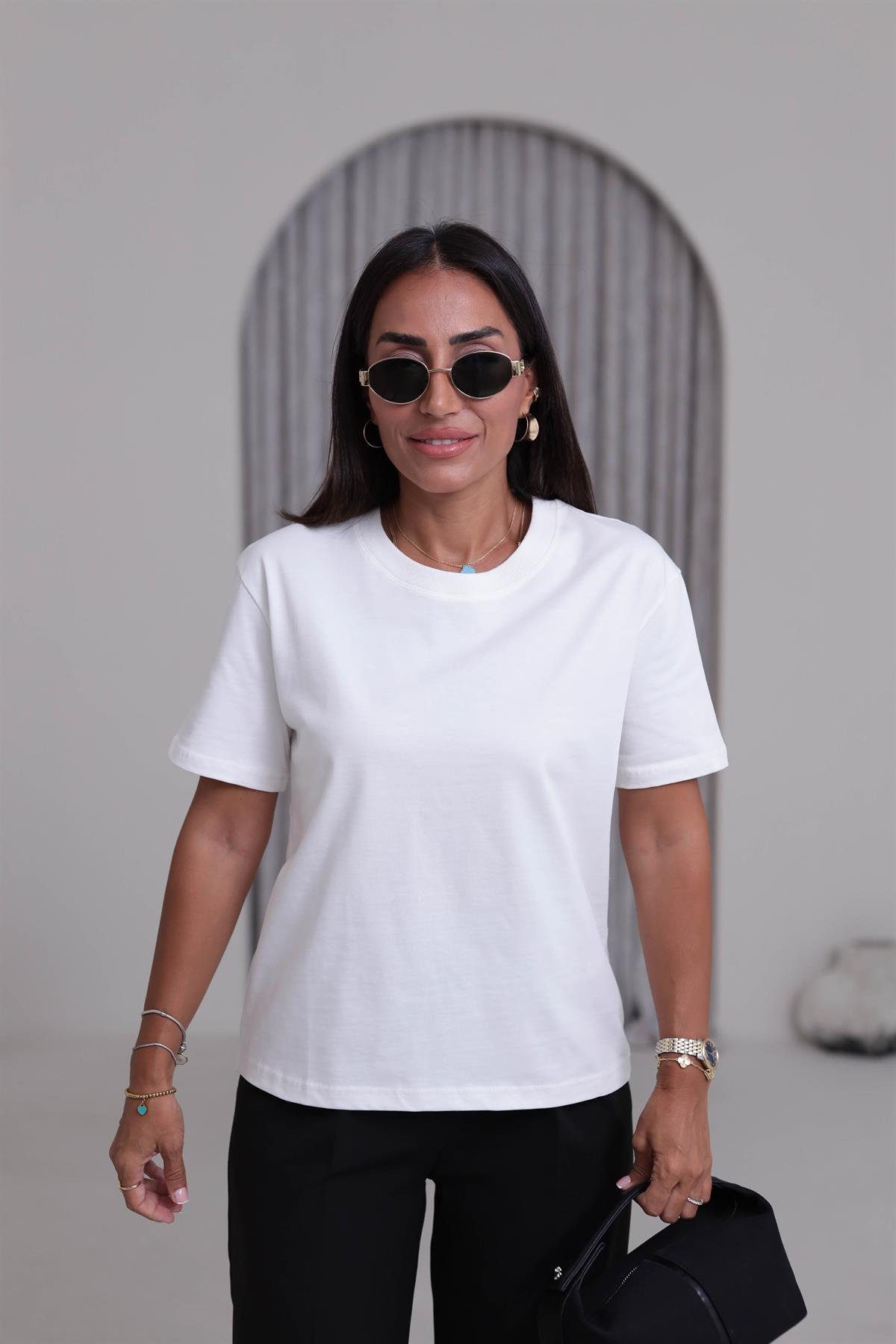 30312 Dekoratif Dikişli Bisiklet Yaka Tshirt EKRU