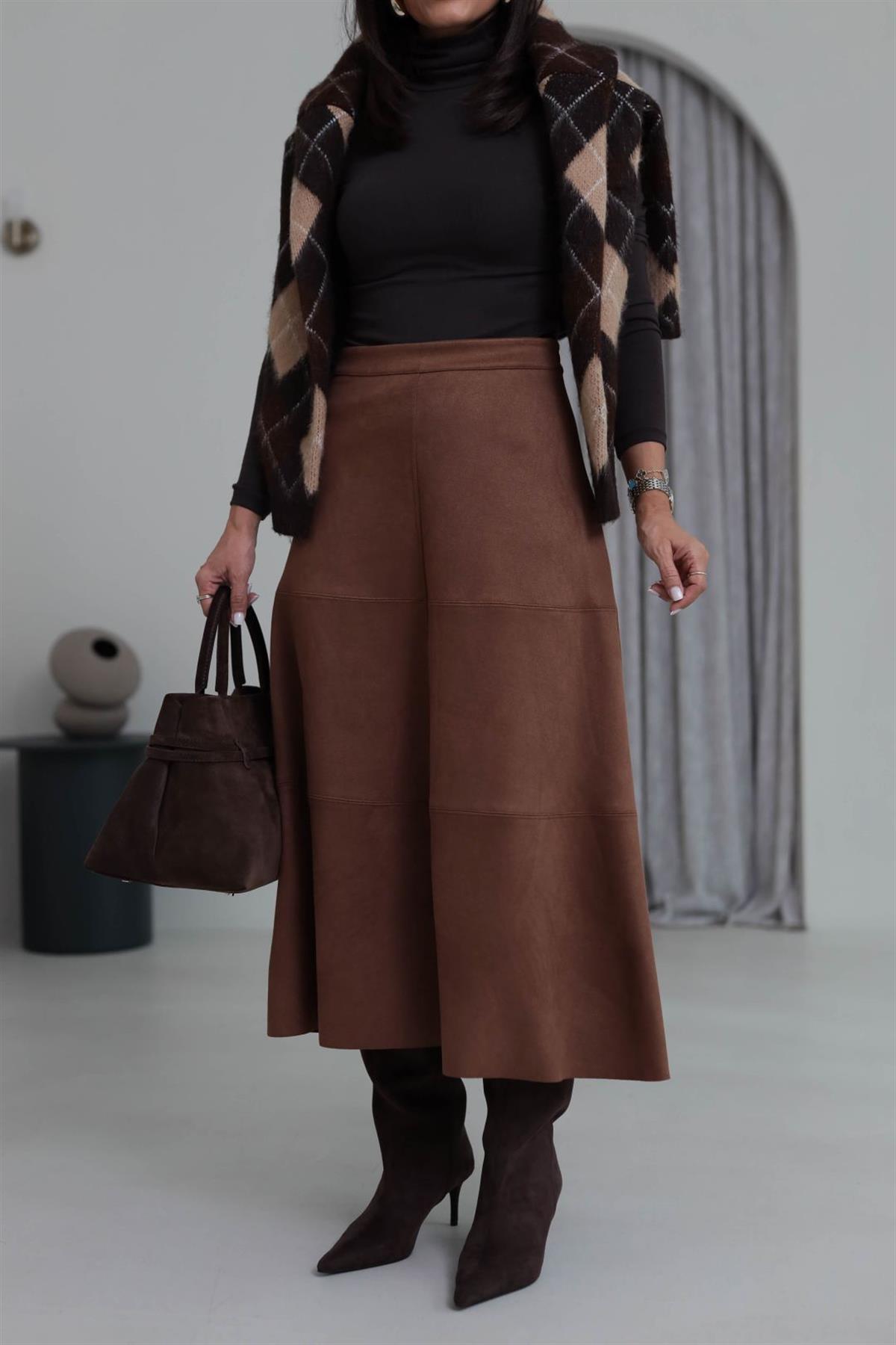 7547 Midi Boy Yüksek Bel Süet Etek TABA