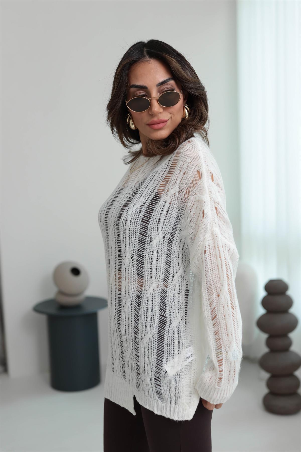 4134 Saç Örgülü Ajurlu Triko EKRU