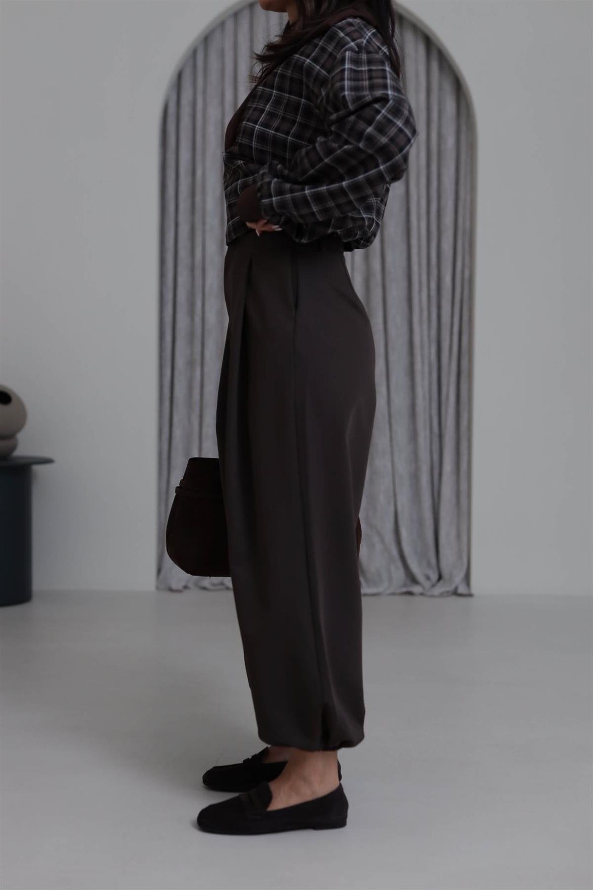 7708 Beli Pensli Paça Lastikli Pantolon ACI KAHVE