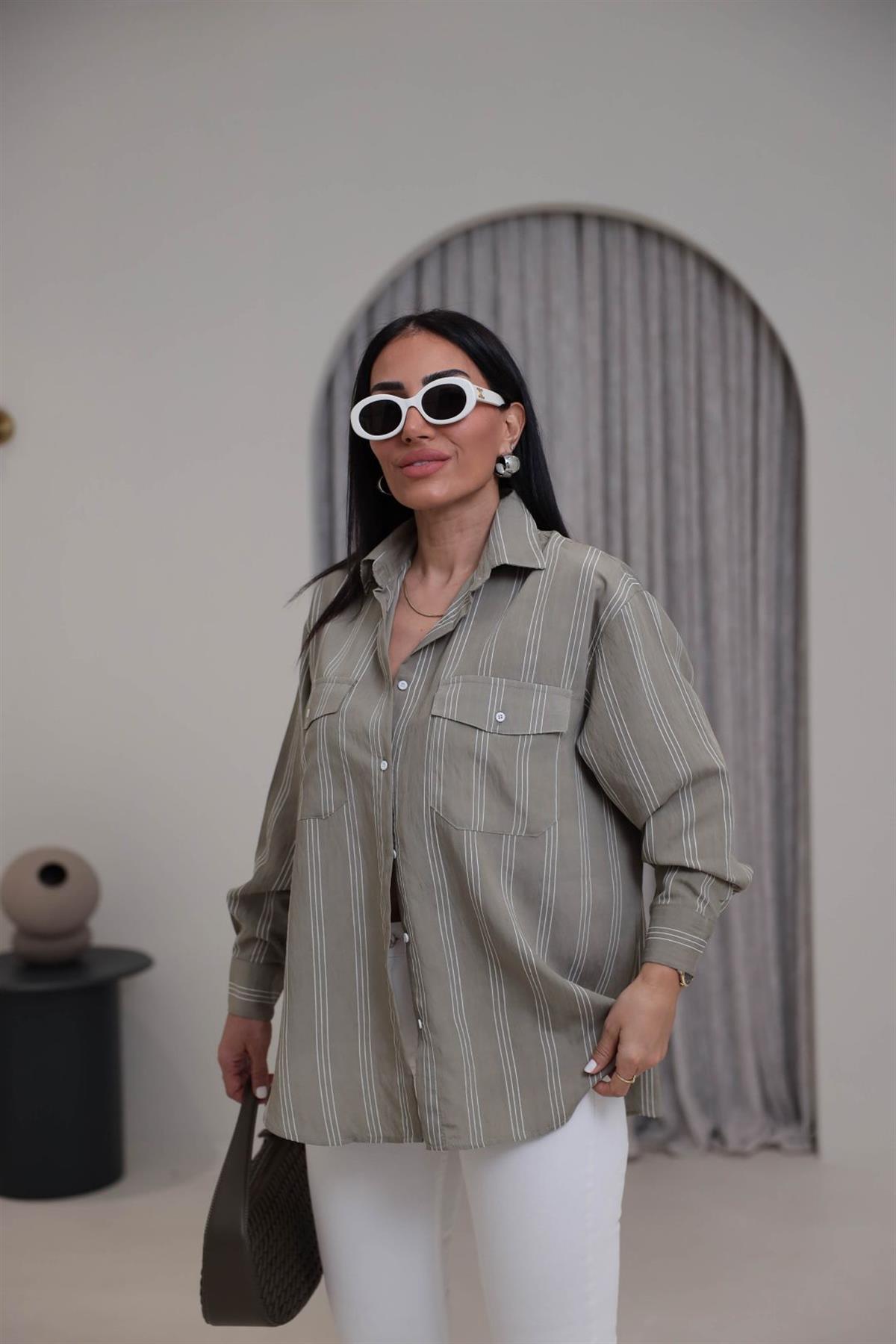 4003 Cepli Çizgili Viskon Gömlek HAKİ YEŞİL