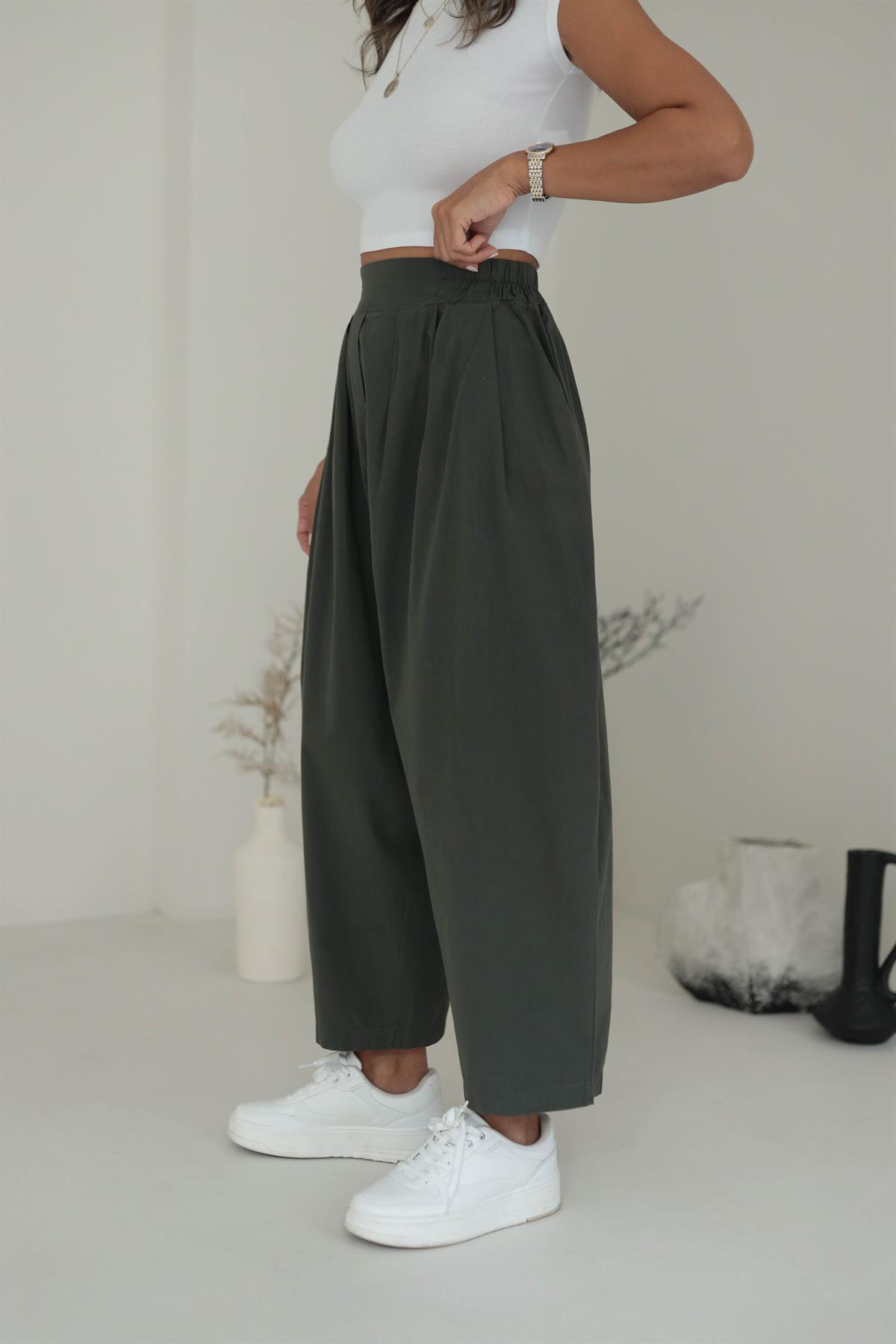 1518 Önden Pileli Salaş Pantalon HAKİ YEŞİL