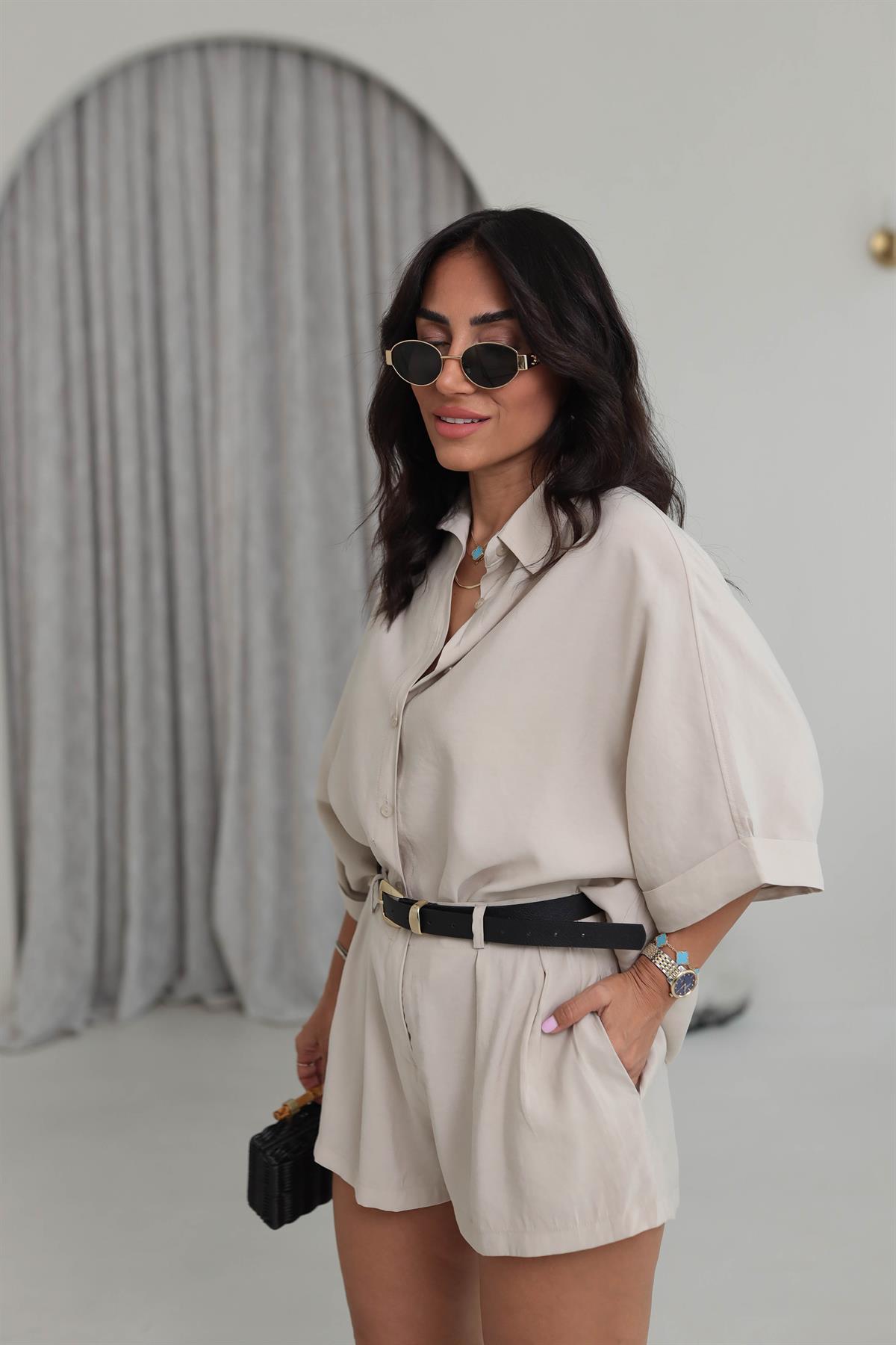 513 Tencel Düşük Omuz Gömlekli Şort Takım TAŞ