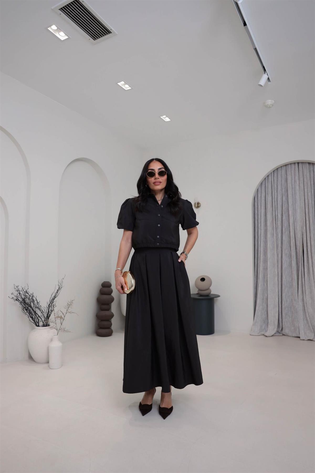 8075 Dokuma Cepli Gömlek Etek Takım KAHVE