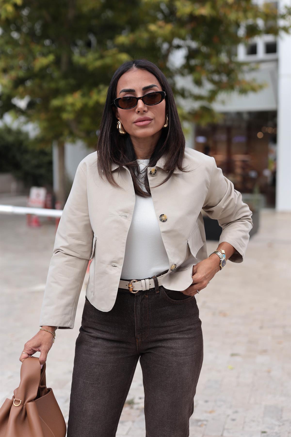 0163 Cep Kapaklı Kısa Trençkot Ceket TAŞ