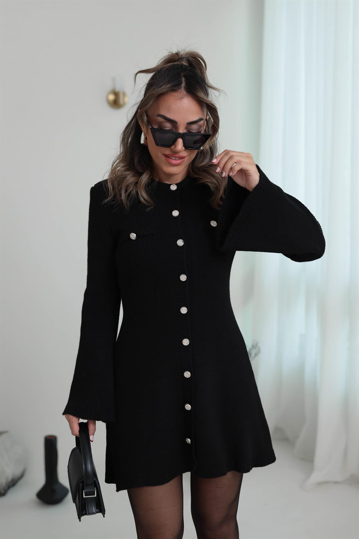 0021 Gold Düğme Detaylı Triko Elbise SİYAH