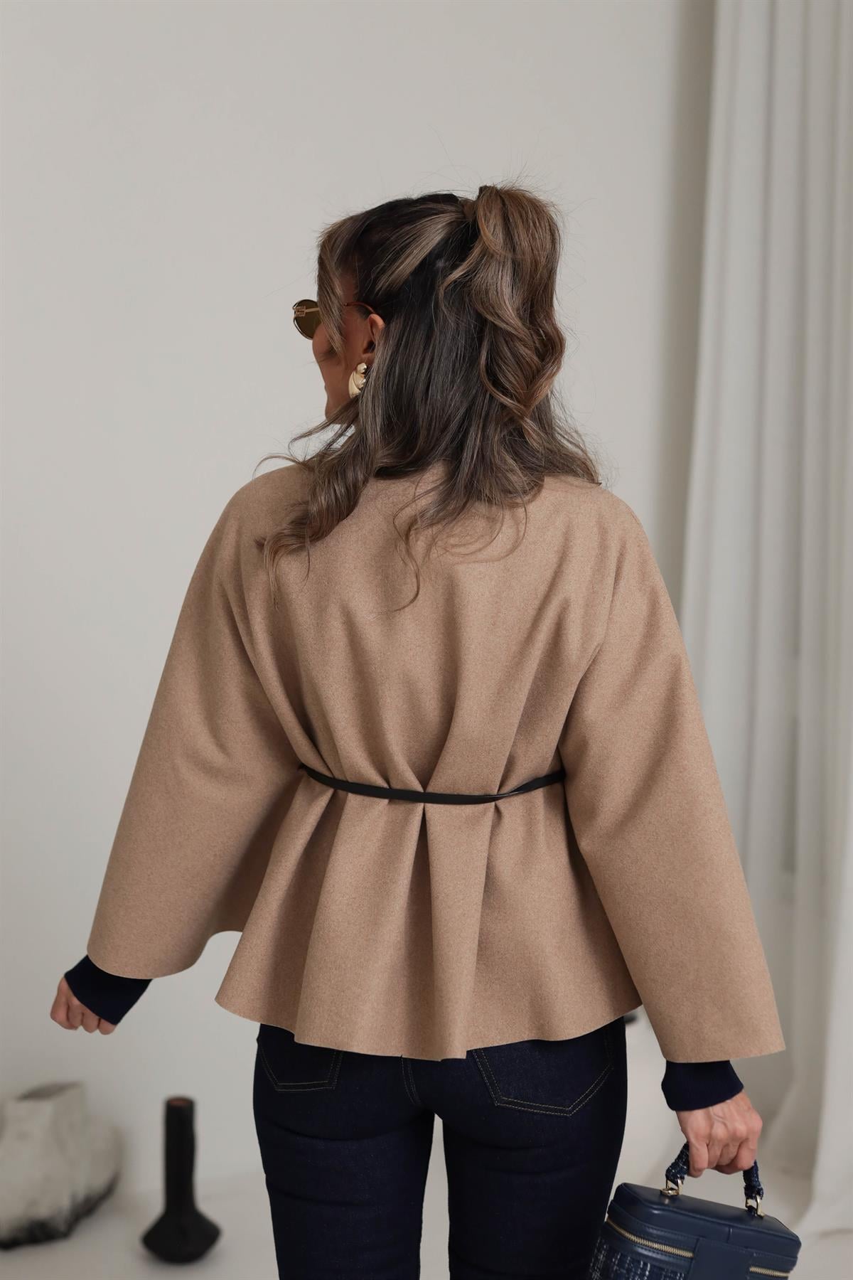 80167 Kemerli Dik Yaka Kaşe Panço CAMEL